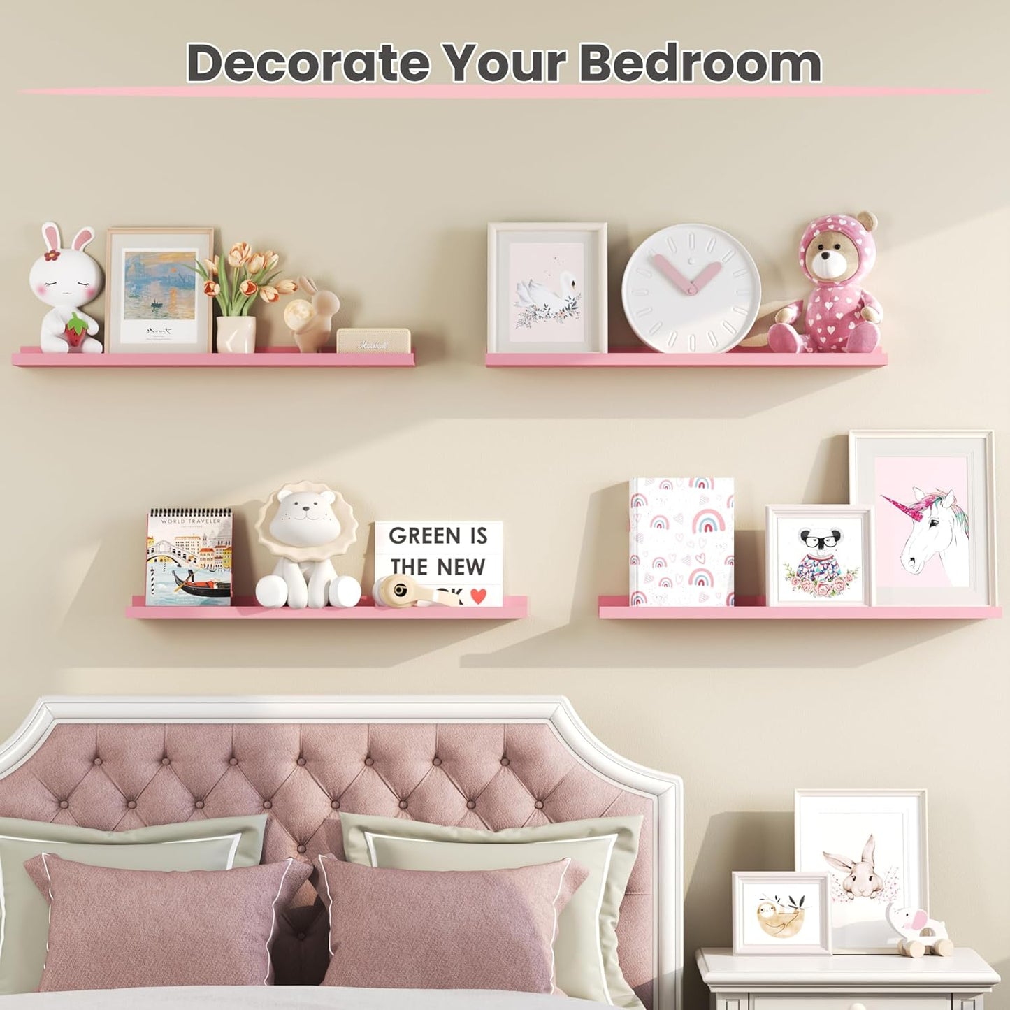 upsimples Pink Shelves for Wall, Cute Room Decor for Teen Girls, Bedroom, Living Room, Game Room, 6 Pack 35.5 inch Long Wall Mounted Wood Shelves for Pictures, Toys