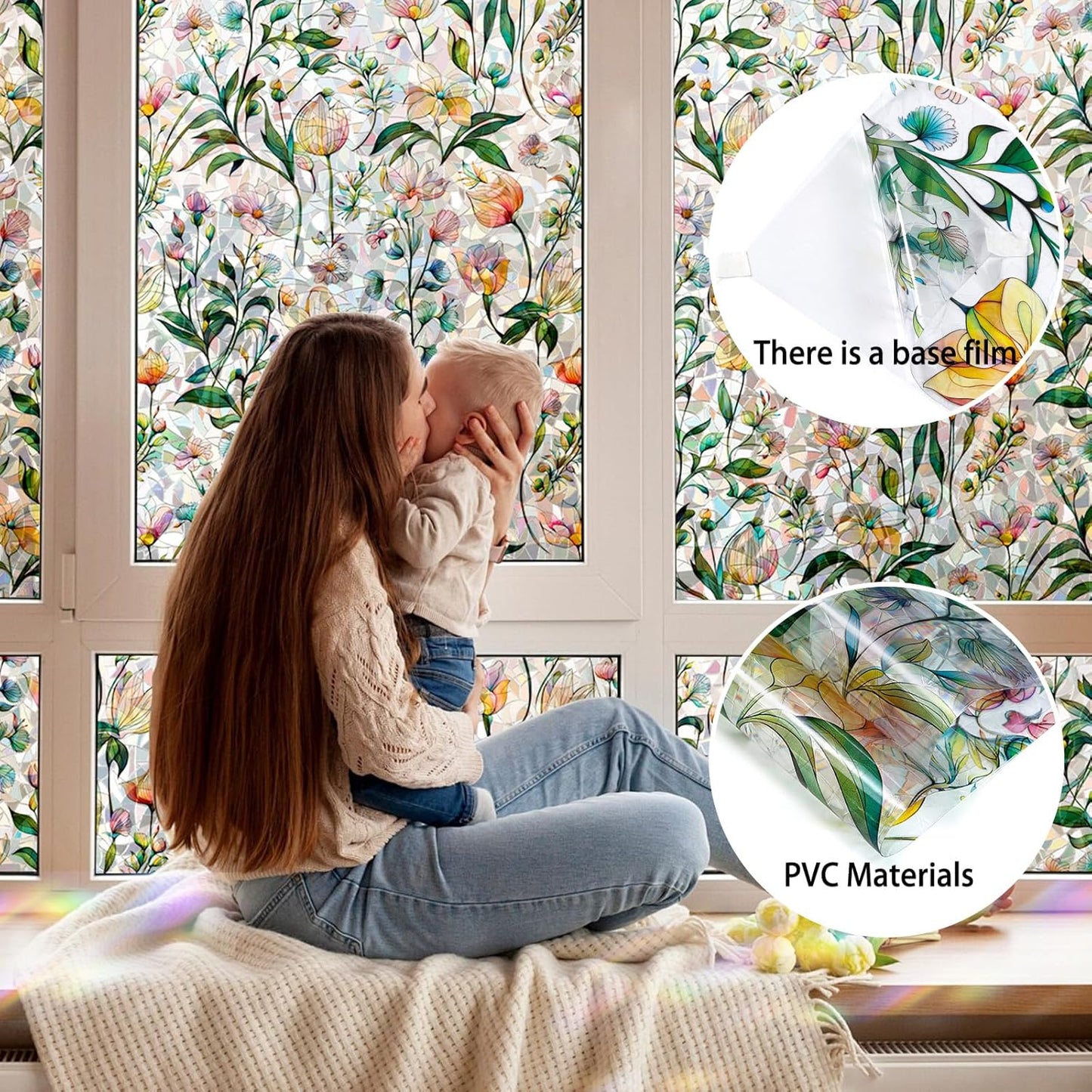 Rainbow Window Privacy Film 3D Floral Decorative Stained Glass Window Film Anti UV Non-Adhesive Reusable 23.6" x 78.7" for Home Room Car Glass Cling
