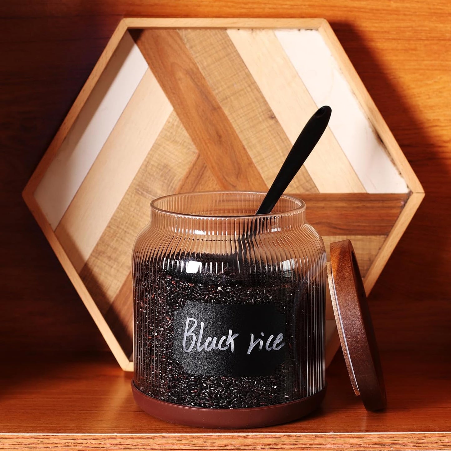 SAIOOL 2-Pack Striped Borosilicate Glass Airtight Canisters - Big mouth Large Capacity, Acacia Wood Lid, Food Storage Jars for Flour, Pasta, Pantry Organization (1/2 Gallon (Striped 2 pack))