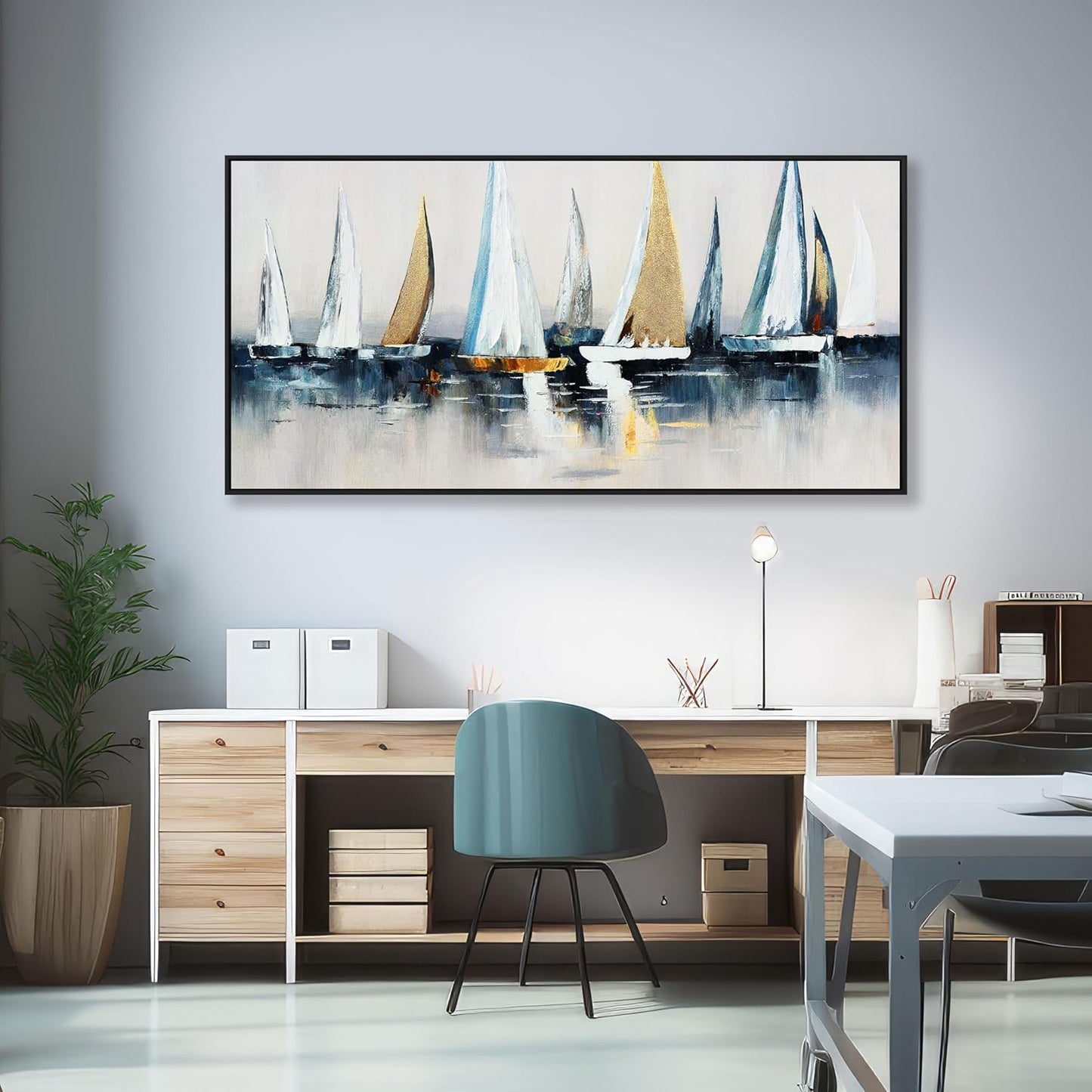 Abstract Wall Art Blue and White Sailboat Wall Paintings Framed Artwork for Living Room Bedroom Bathroom Office Home Decor Can Be Hung Directly 29"x 58"