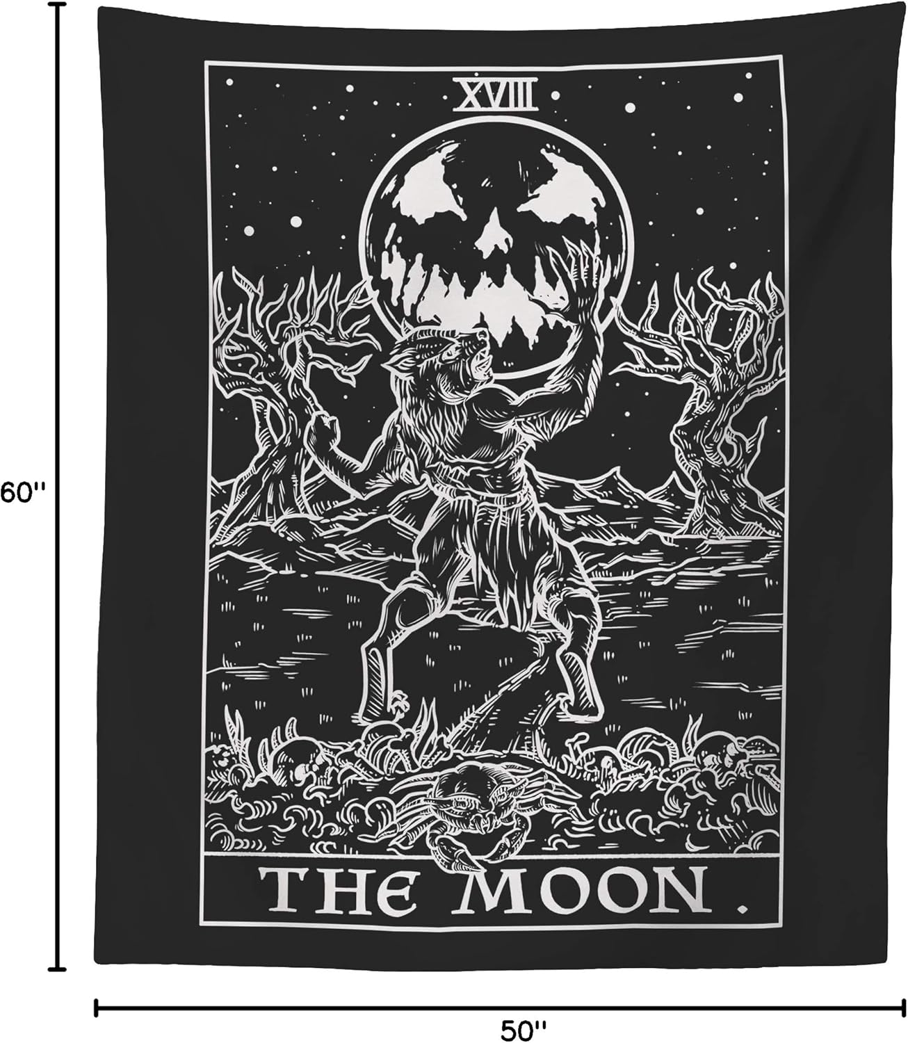 The Moon Tarot Card Tapestry (Black & White) - Werewolf - Gothic Halloween Home Decor Wall Hanging (60" x 50")