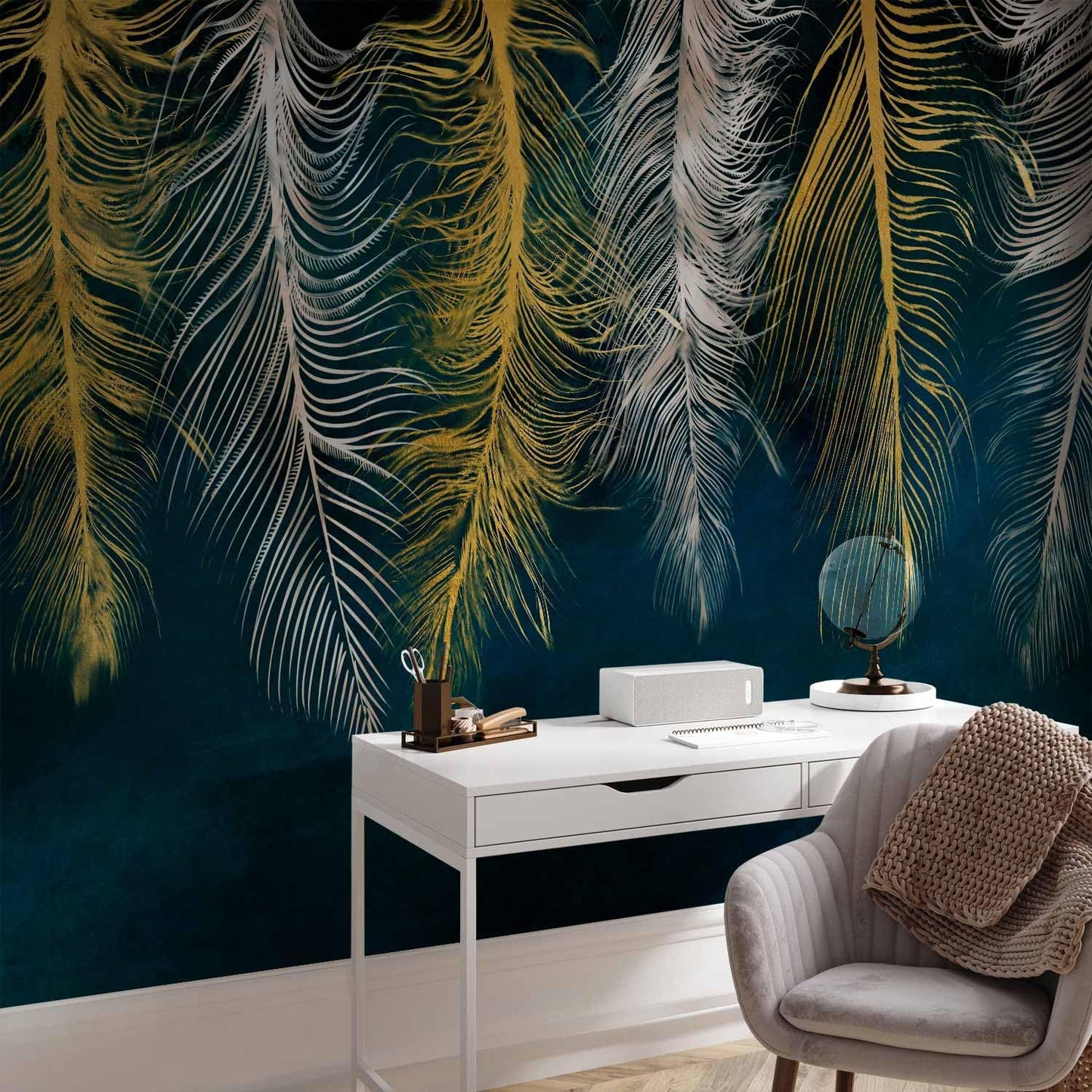 artgeist Wall Mural Feather 116x83 in - XXL Peel and Stick Self-Adhesive Wallpaper Removable Large Sticker Foil Wall Decor Print Picture Image Design Abstract Beige Navy Blue b-A-0812-a-a