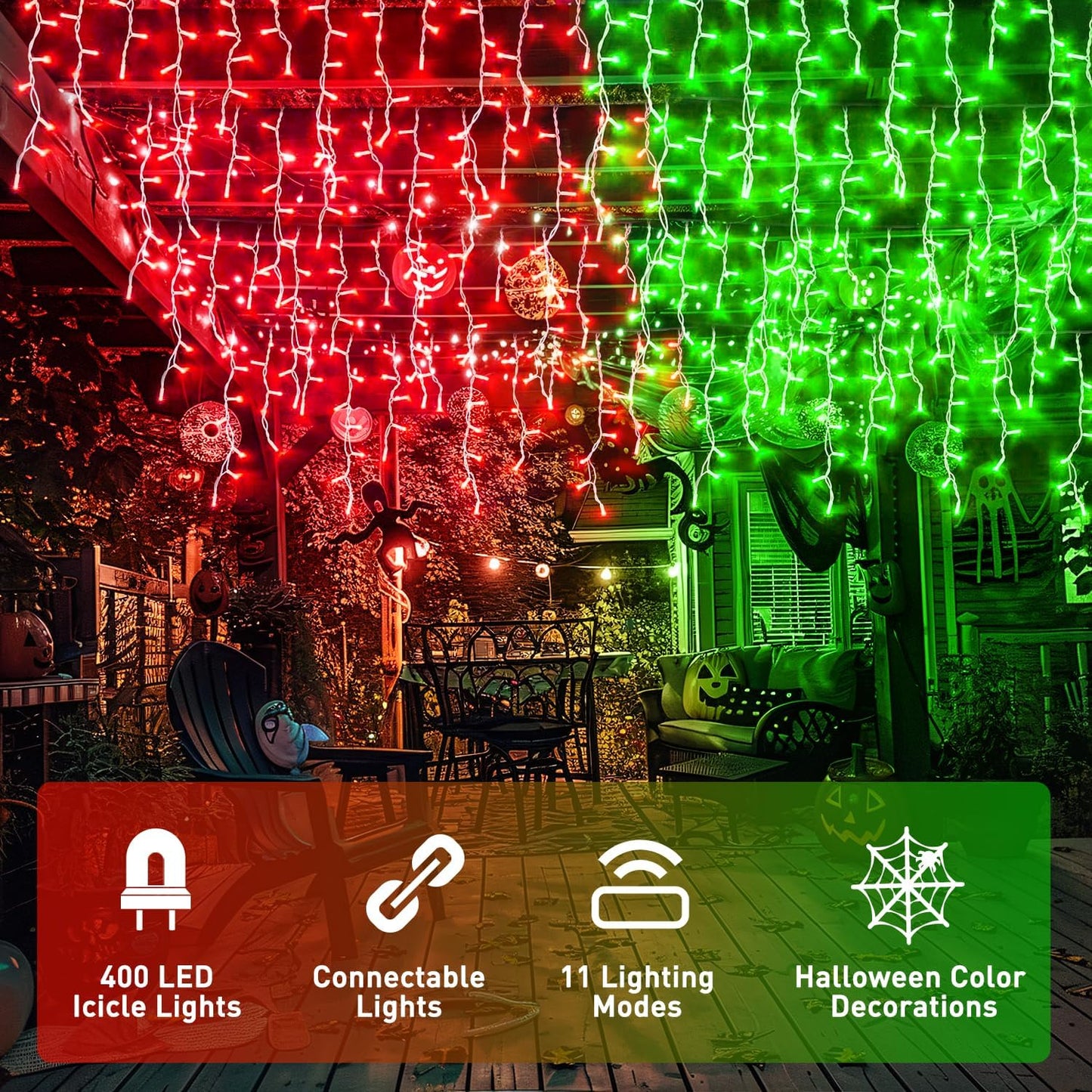 JMEXSUSS 400 LED Christmas Icicle Lights Outdoor, Red & Green Halloween Icicle Lights Clear Wire,Connectable String Lights Plug in for Christmas Party Outdoor Eaves Home Xmas Decorations