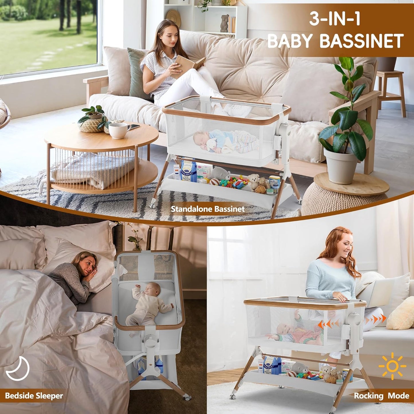 Bassinet Bedside Sleeper, Rocking Bassinet for Baby, 3 in 1 Crib with 6 Adjustable Height,Breathable Mesh and Lockable Wheels, Baby Must Haves for Newborns