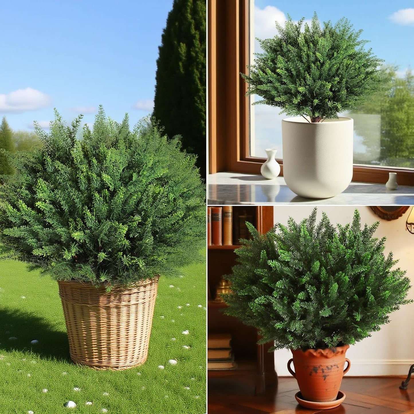 23" Artificial Cedar Topiary Ball Trees ,Set of 2 Outdoor Faux Plants with Ground Spike, UV Resistant Fake Pine Shrubs Bushes for Indoor Front Porch Yard Decorations (Cypres)