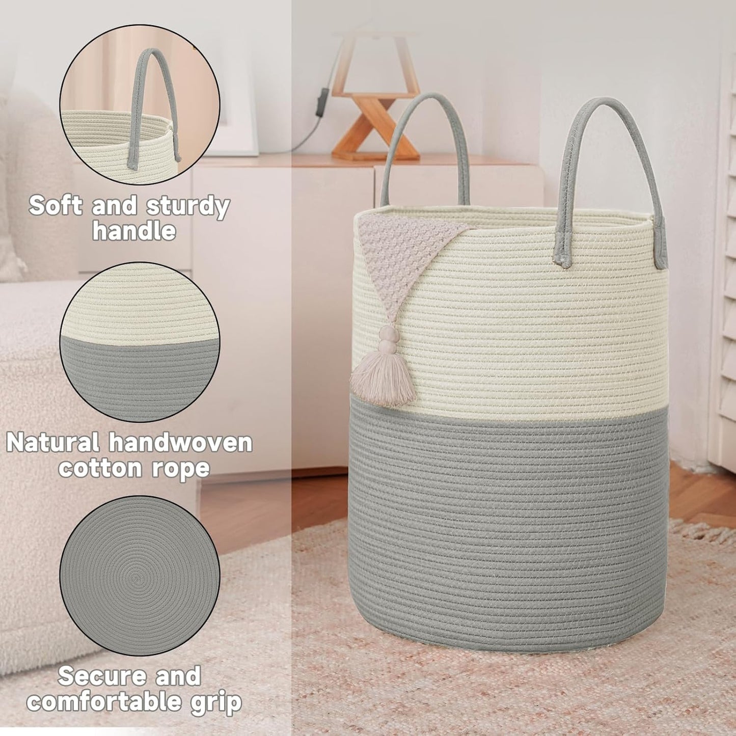 Large Woven Laundry Basket Hamper,80L Cotton Rope Storage Bin for Blankets,Toys and Clothes,Decorative Tall Nursery Hamper for Living Room,Baby Nursery,Bathroom and Bedroom,White and Grey