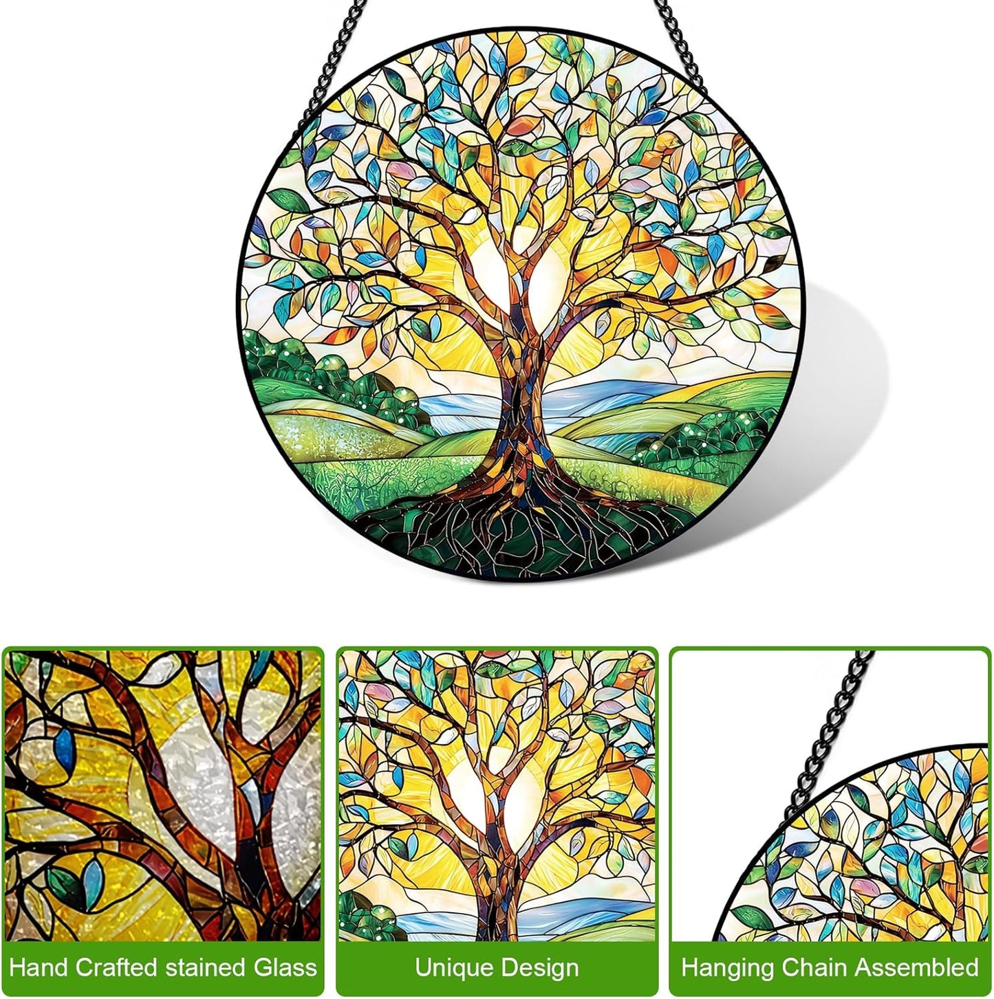 Stained Glass Window Hanging – Double-Sided Glass Sun Catcher with Chain – Memorial Window Art Panel for Home Décor, Spiritual Comfort, and All-Occasion Gifting