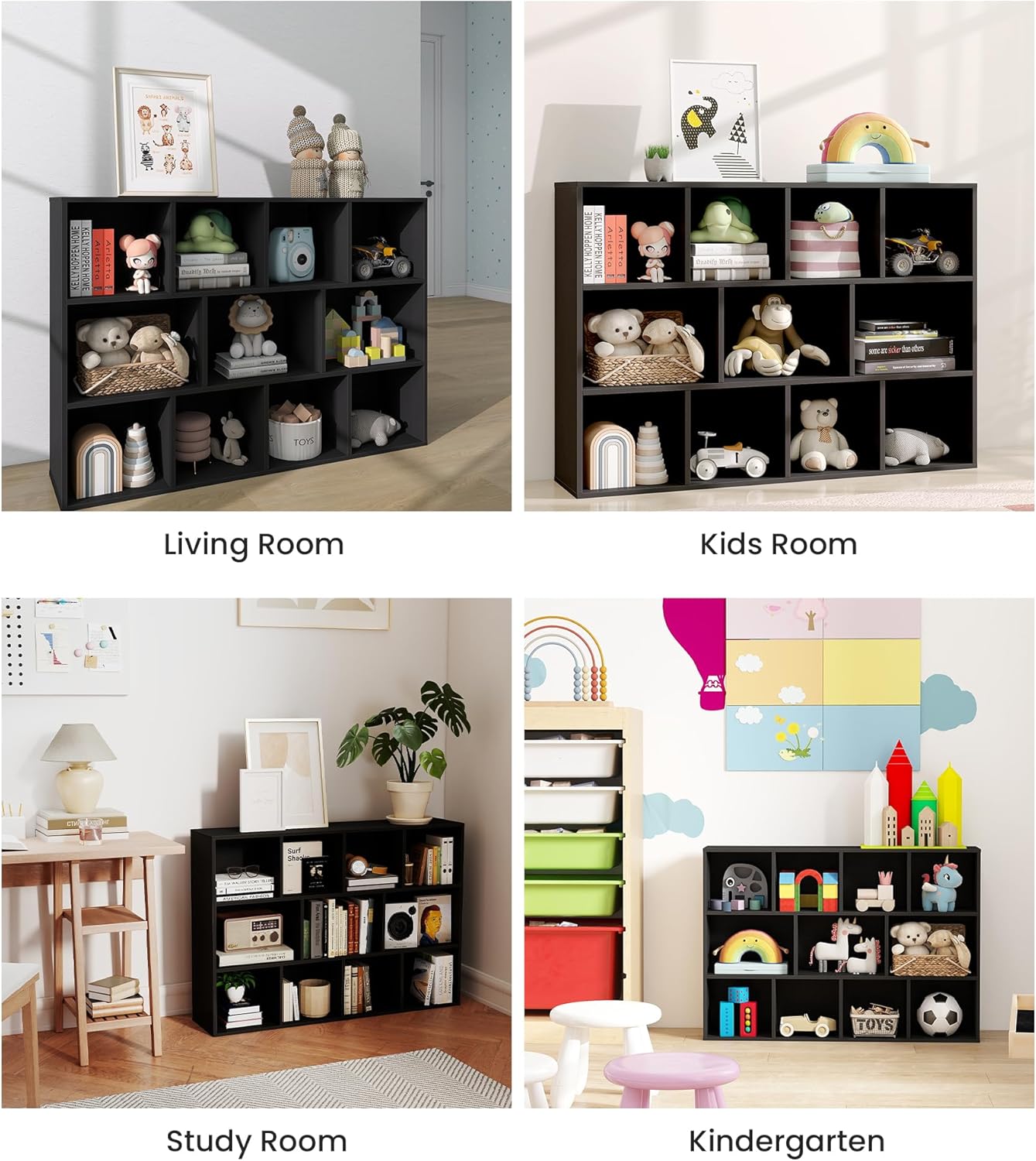 11 Cube Kids Toy Storage Organizer with Kids Shelf, Baby Bookshelf for Nursery, 3-Tier Children Wooden Bookcase, Storage Bookshelf for Classroom, Playroom, Kindergarten, Black