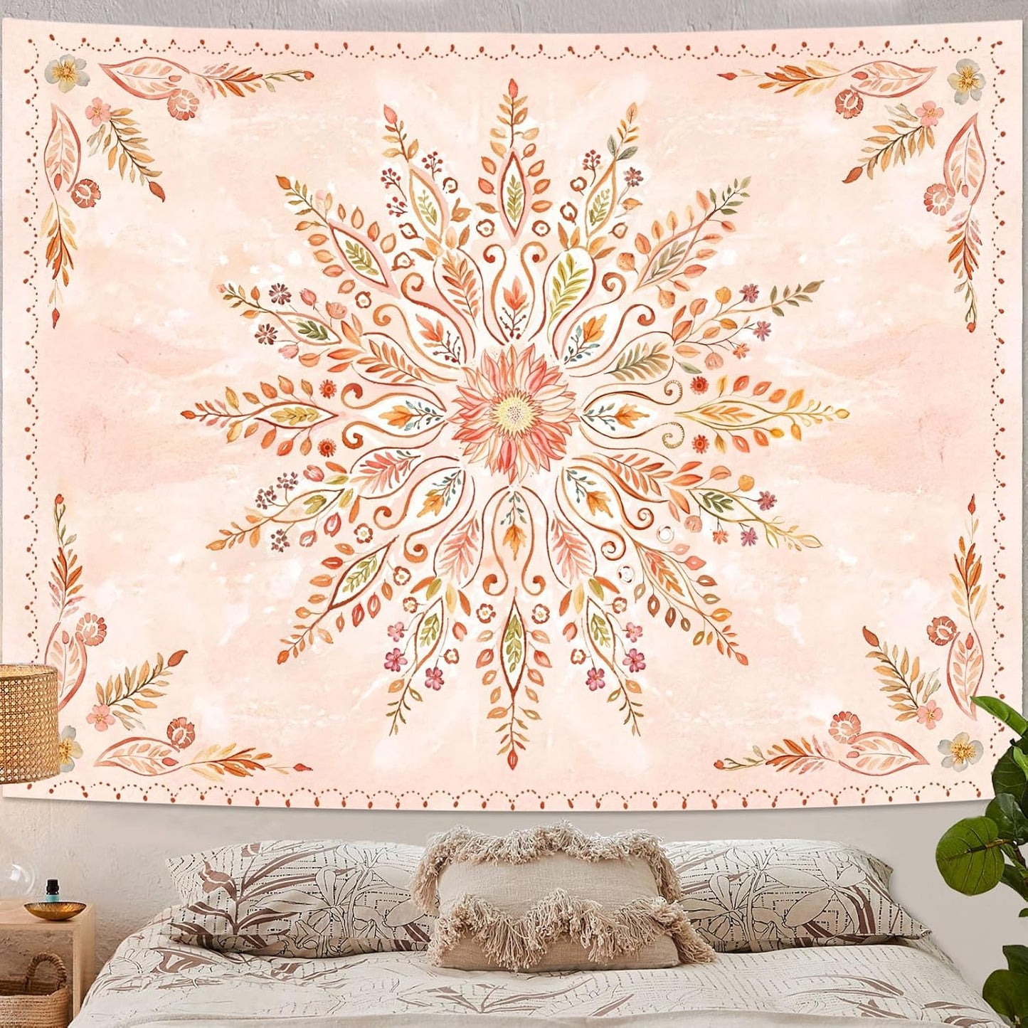 Lunerfex Floral Mandala Tapestry Boho Tapestry for Bedroom Orange Tapestries Wall Hanging Living Room Wall Art and Home Decor 60x80