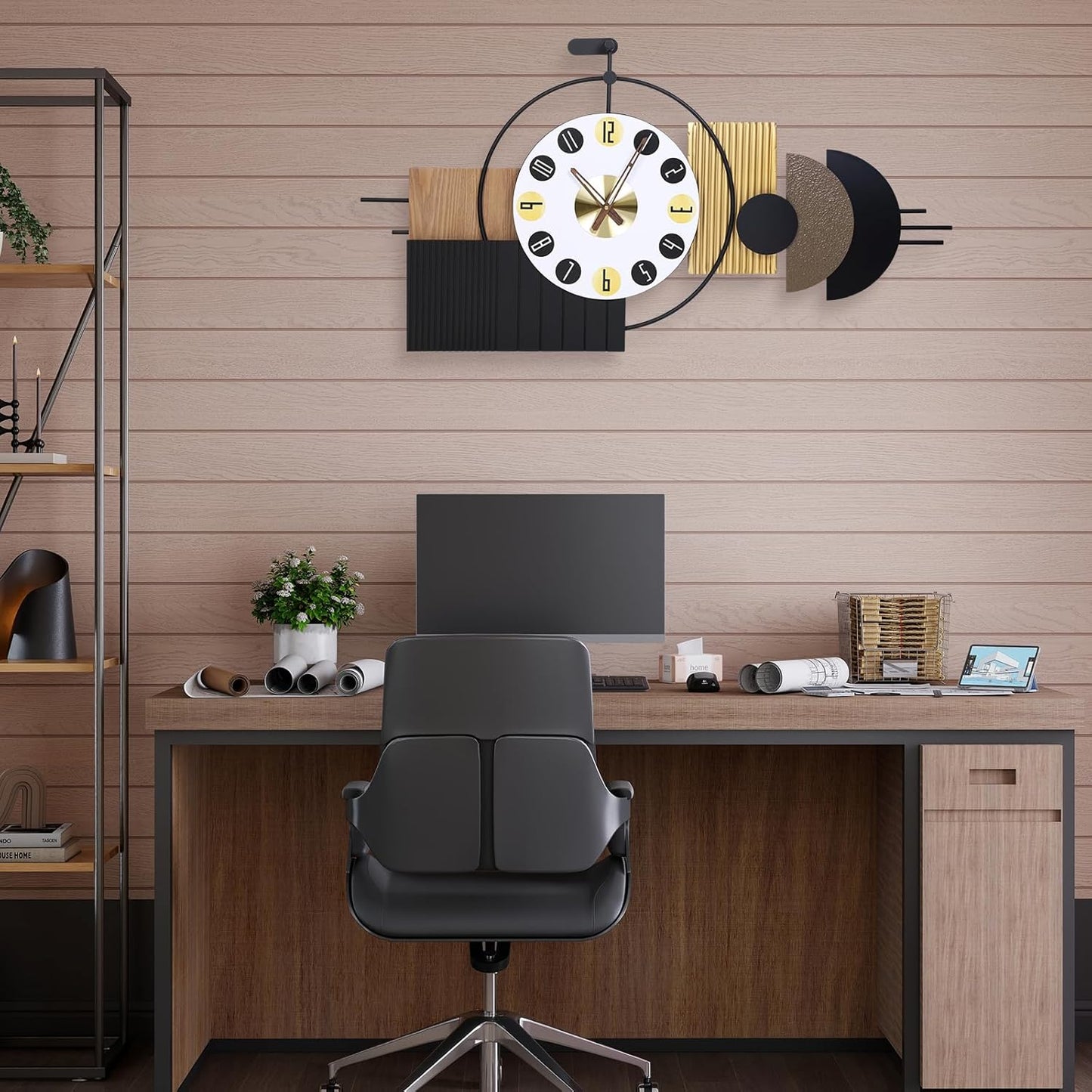 Oversized Modern Wall Clocks-Large Geometric Dial Wall Clock Battery Operated,Wood Metal Frame Big Clock Silent Non Ticking,for Living Room, Bedroom,Kitchen,Farmhouse,Office -42X21.6 Inch