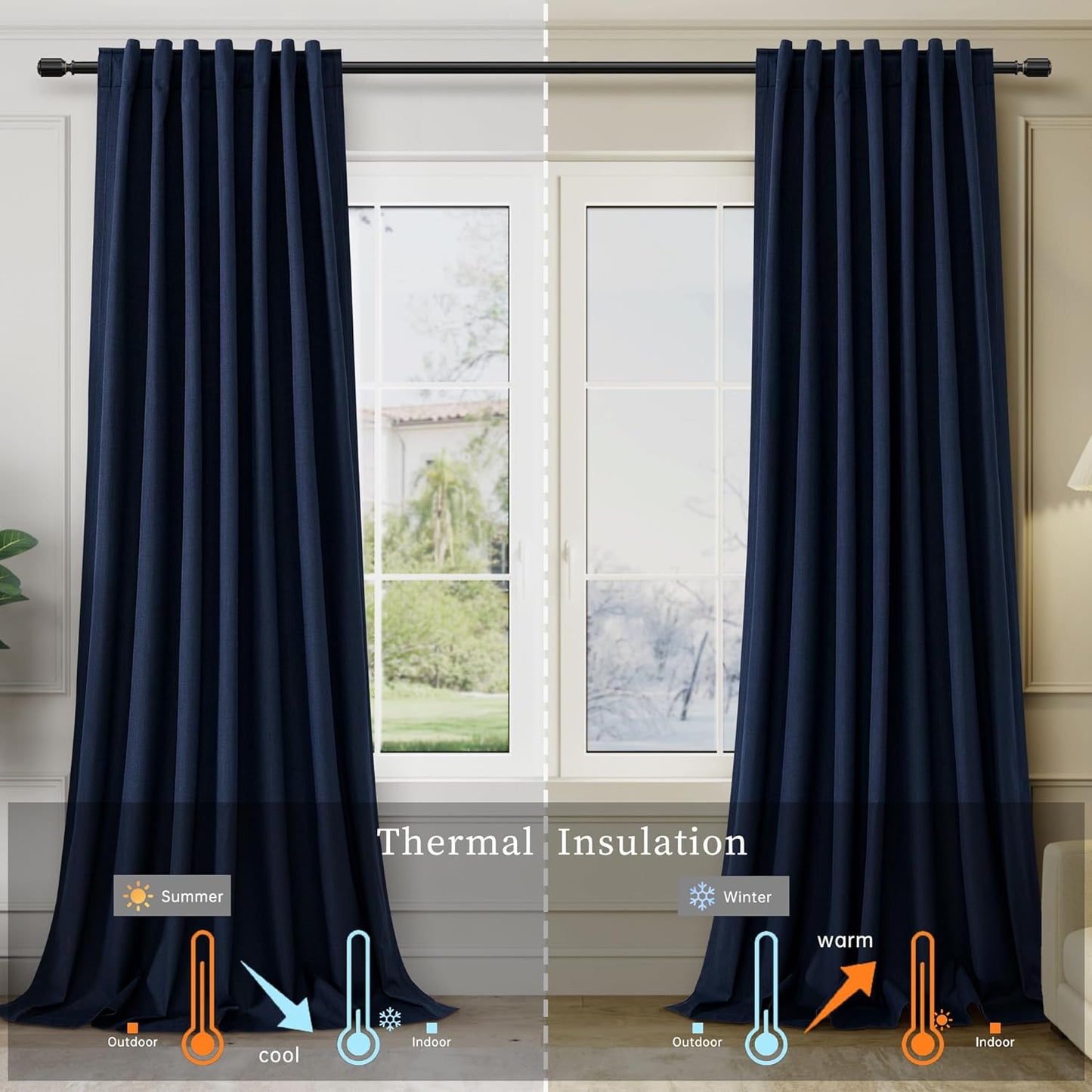 BOODII Navy Blue Linen 100% Blackout Curtains for Bedroom 102 Inch Long 2 Panels Window Curtain Floor to Ceiling Length for Living Room Sliding Glass Door Back Tab Room Darkening Drapes 52x102