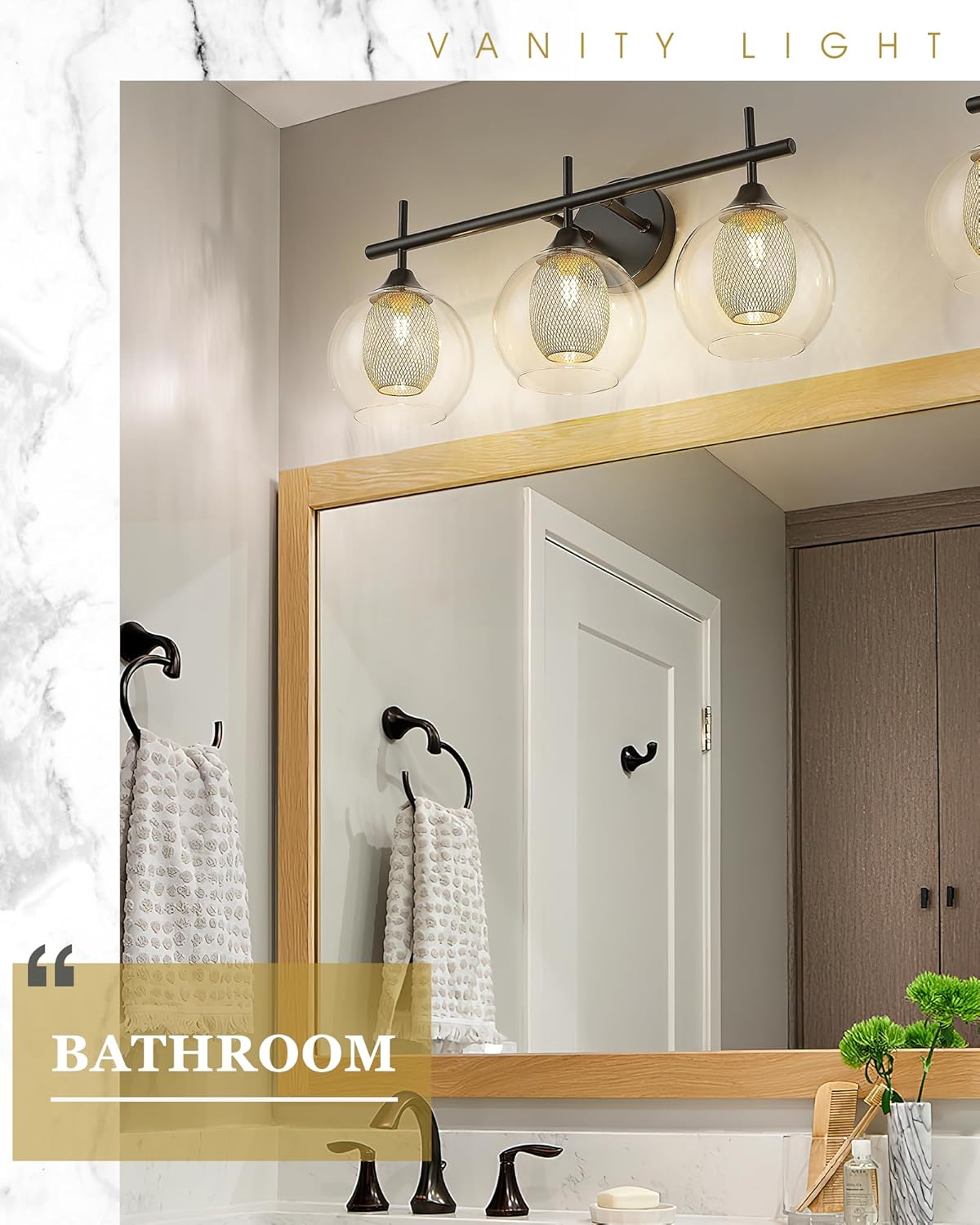 Bathroom Light Fixtures, 3-Light Black and Gold Vanity Lights Over Mirror, Farmhouse Wall Sconce Lighting with Clear Glass and Honeycomb Metal Shade, AD-22001-3W-BK