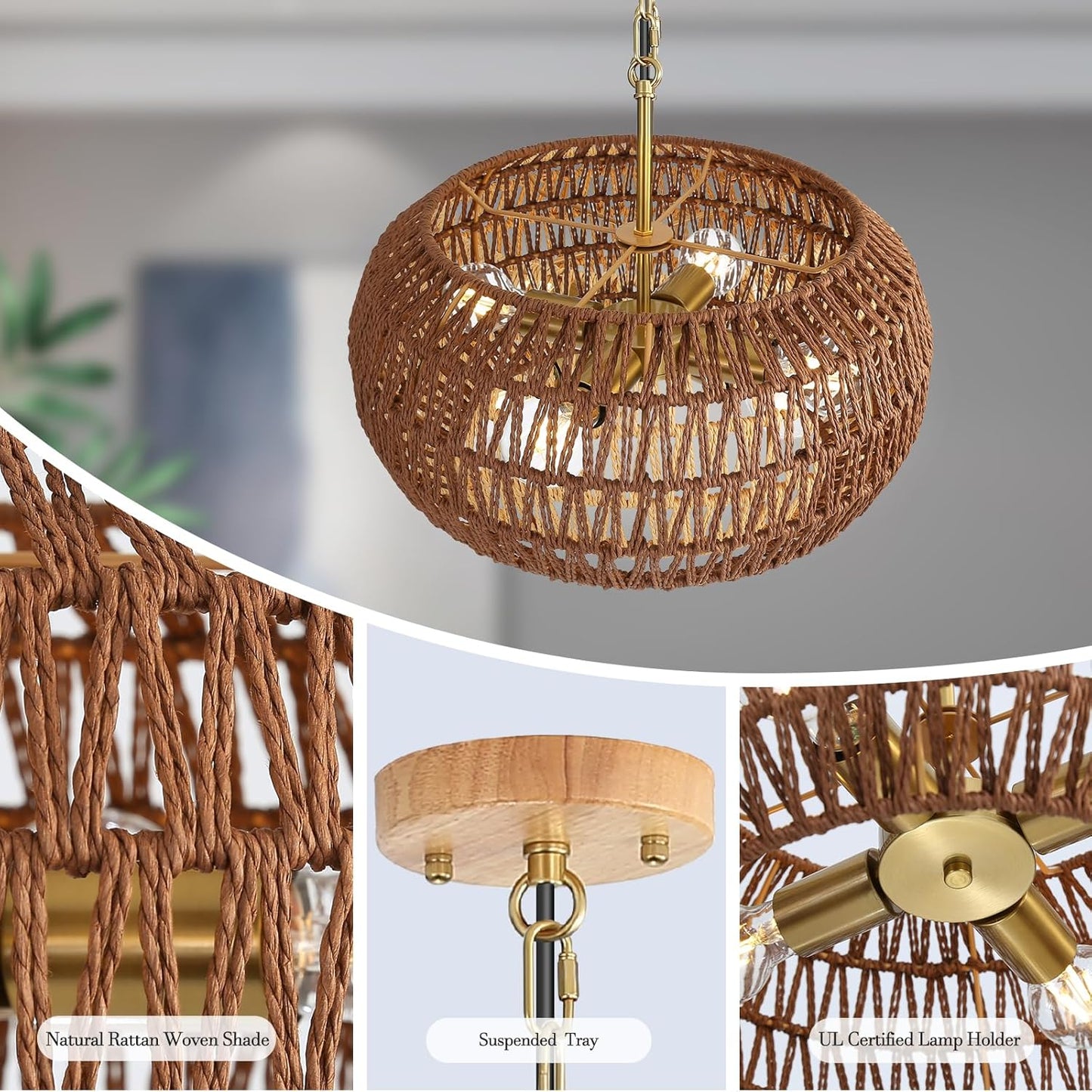 Boho Decor Pendant Light Kitchen Island,Rattan Chandeliers for Dining Room Light Fixture,Modern Farmhouse Decor Hanging Lights for Bedroom Living Room