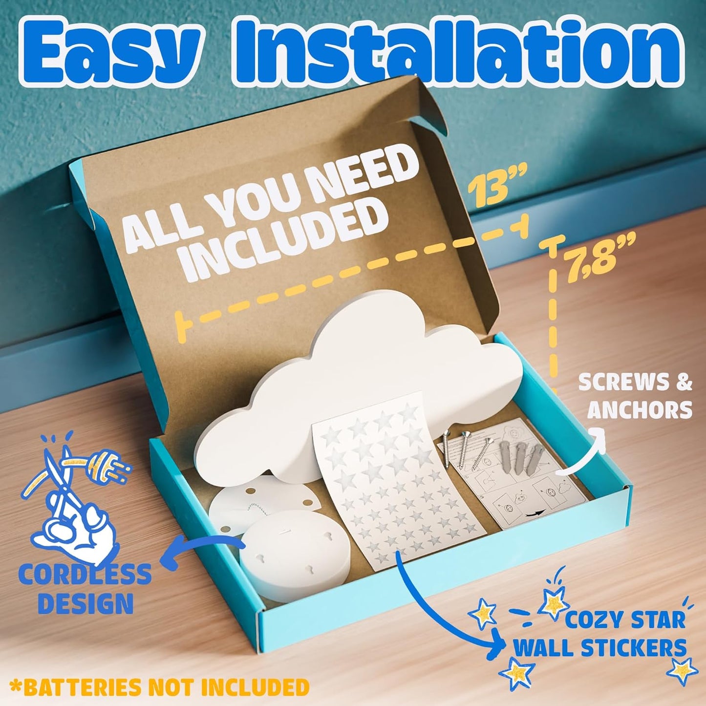 Tipperk 2 Pack - Floating Cloud Wall Lamp for Nursery & Kids Bedroom | Battery-Operated Hanging Night Lights