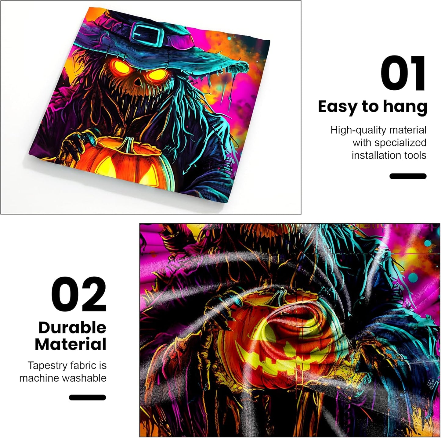 AOHMPT Glow-in-the-Dark Halloween Tapestry - UV Reactive Black Light Wall Hanging Decor for Spooky Parties, Bedroom, Living Room (Scarecrow-Pumpkin, 59" L x 51" W, Unframed)