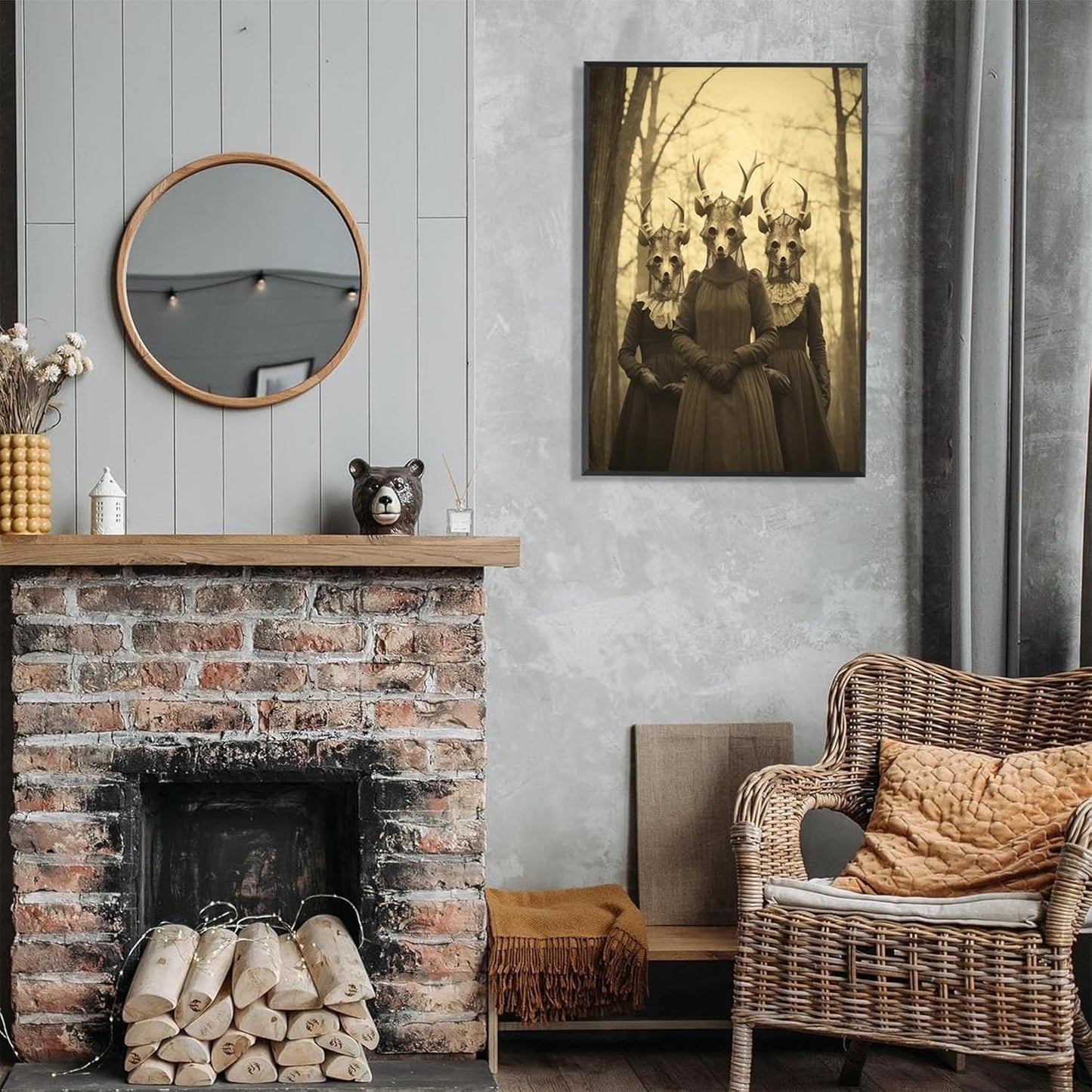 Vintage Horror Skeleton Spooky Three Skull In Occult Forest Posters Canvas Wall Art Poster Gothic Dark Academia Decor Creepy Print Retro Halloween Wall Decor 24X36inch Aluminum Framed