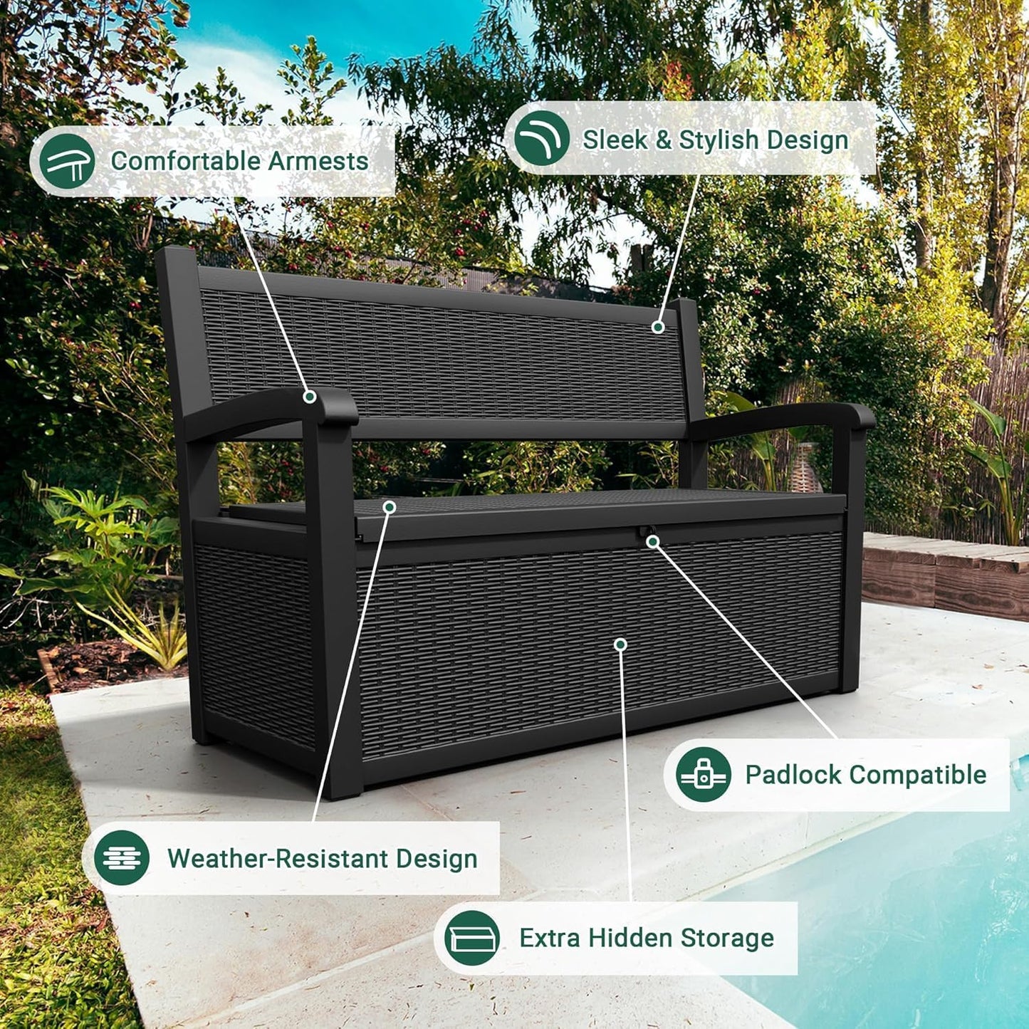 70 Gallon Lockable Outdoor Storage Bench Waterproof, Deck Box Bench for Patio, Porch, Garden, Poolside, Stores Tools & Pool Supplies, Heavy-Duty Outdoor Bench with Storage, Black