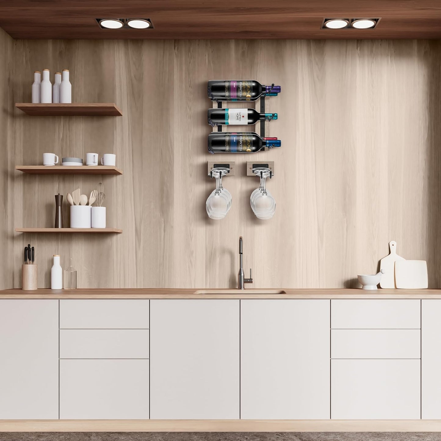 Sorbus Wall Mounted Wine Glass Stemware Rack Set - Wire & Wood Wine Rack Wall Mounted for Wine Glasses, Champagne Glasses, and Drinkware - Complete Your Home Bar & Kitchen Storage, Grey