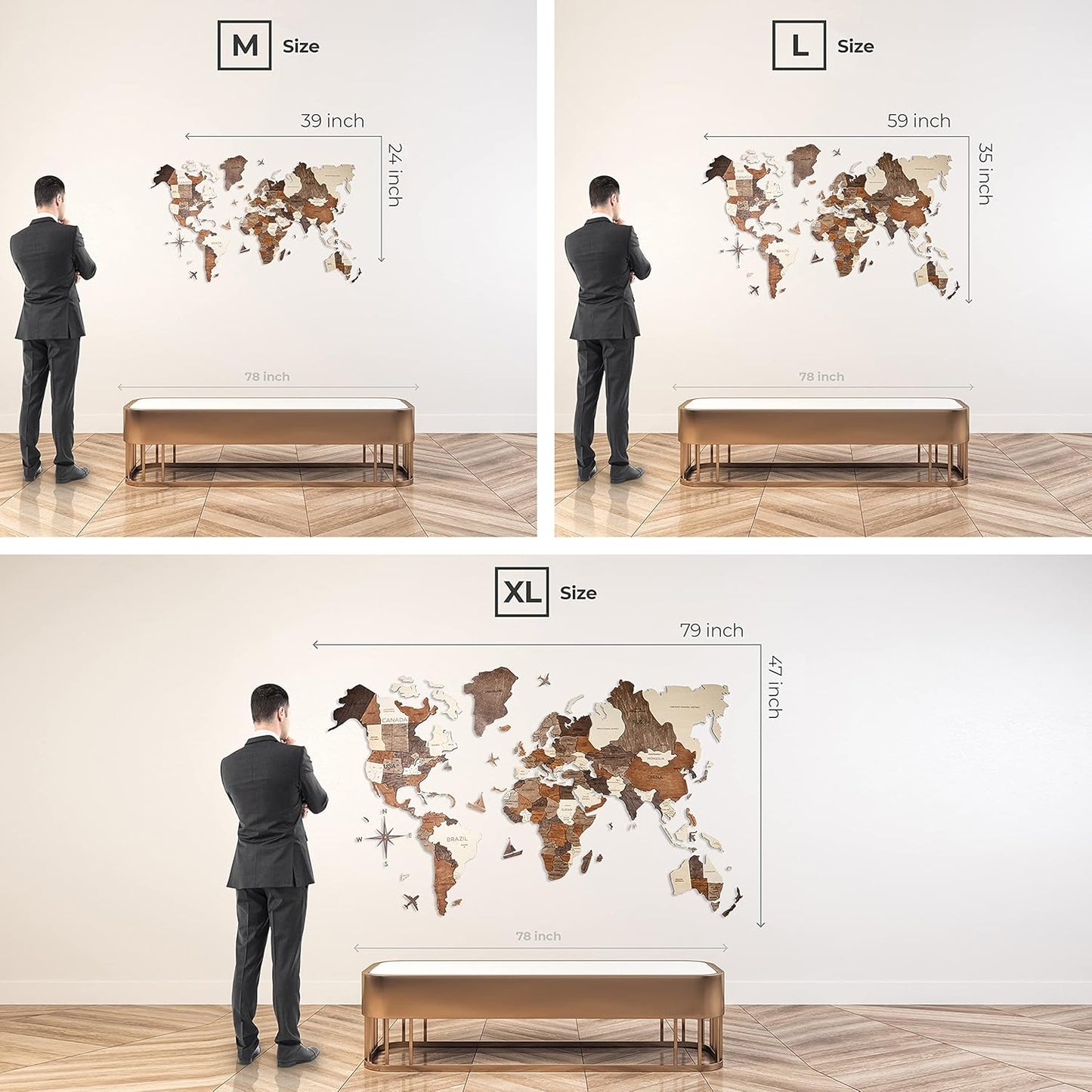 Handmade 3D Wood World Map Wall Art Large Wall Decor Track Your World Travels - Special For Home, Kitchen And Office (Walnut, Large)