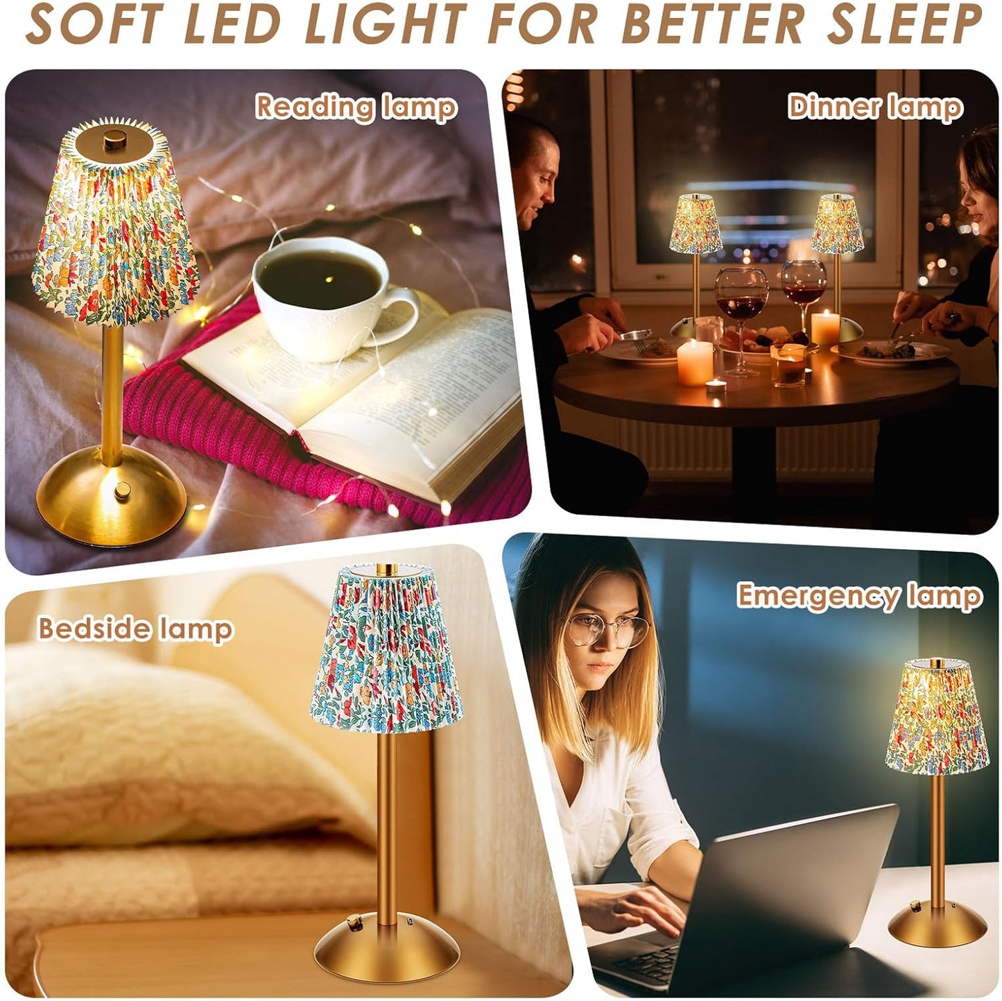 Liliful 2 Pcs LED Portable Cordless Table Lamp Touch Battery Operated Rechargeable Desk Lamp 3 Color Dimmable for Bedroom Living Room Dining (Floral Style,Gold)