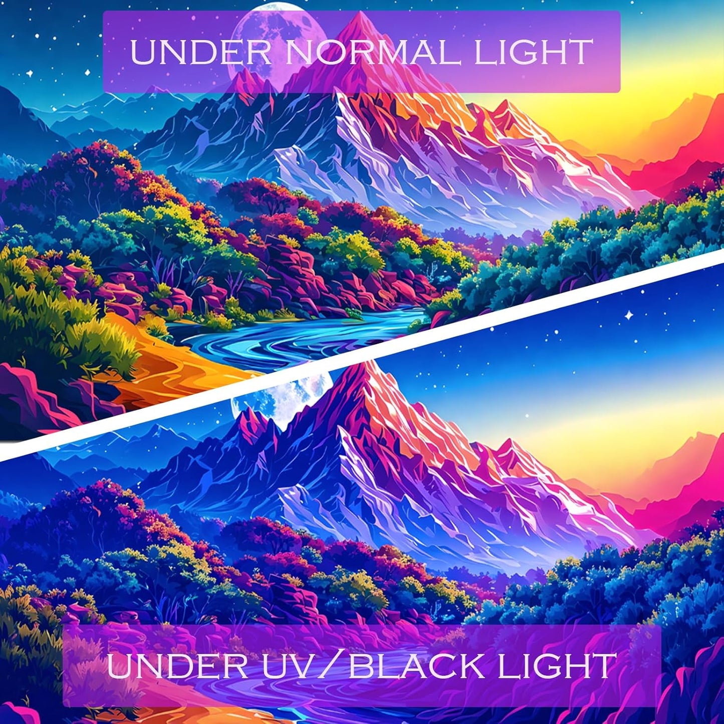 SparkLia Blacklight Sunset Mountain Tapestry – UV Reactive Forest Lake Wall Hanging, Neon Glow in the Dark Starry Sky Moon Nature Landscape for Bedroom, Living Room & Dorm Decor – 51.2" x 59.1"