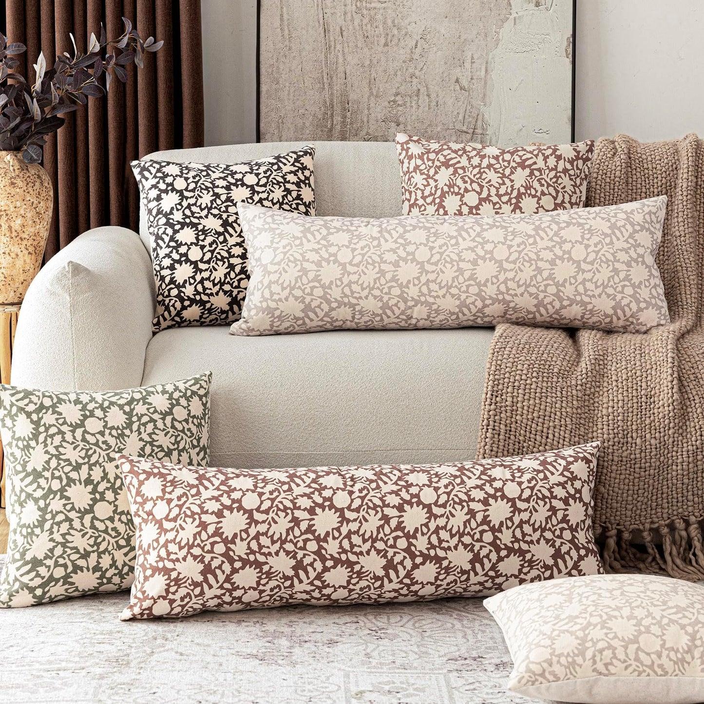 Foindtower Set of 2 Decorative Long Body Lumbar Throw Pillow Covers Accent Farmhouse Cushion Covers Boho Floral Pillowcase for Couch Sofa Bedroom Living Room Home Decor Outdoor,14×36 Inch,Ivory Beige