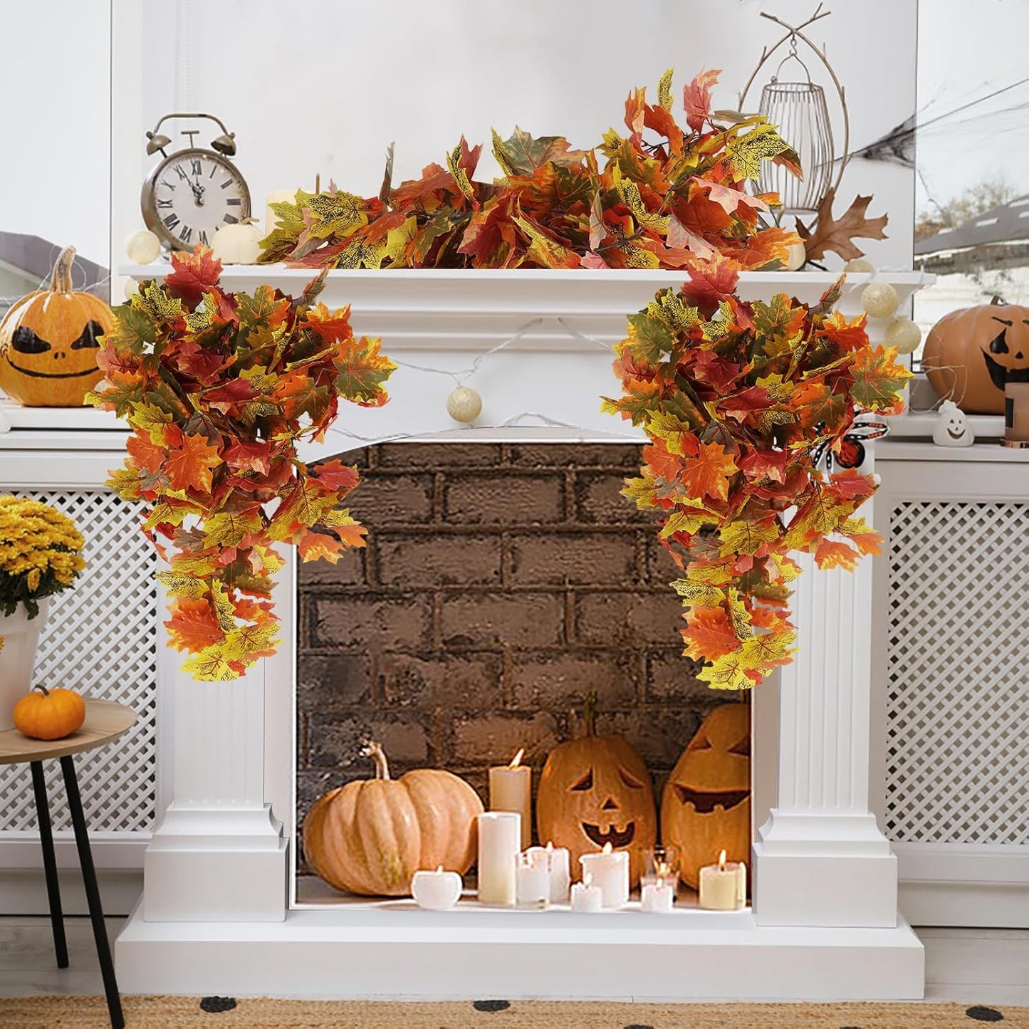 RECUTMS 2pcs Artificial Hanging Maple Leaves Plants Fake Fall Vines Plants Faux Autumn Hanging Fall Artificial Mums for Indoor Outdoor Thanksgiving Party Wedding Home Wall Door Decor(Green Yellow)