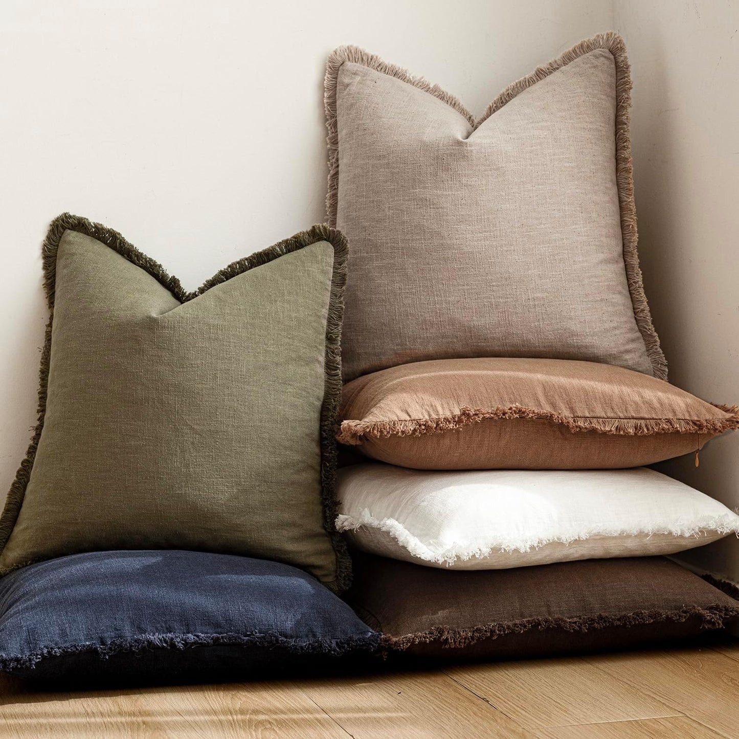 Foindtower Set of 2 Decorative Linen Fringe Throw Pillow Covers Farmhouse Cushion Cover with Tassels Soft Accent Pillowcase for Couch Chair Sofa Bed Living Room Home Decor,20×20 Inch,Natural Linen