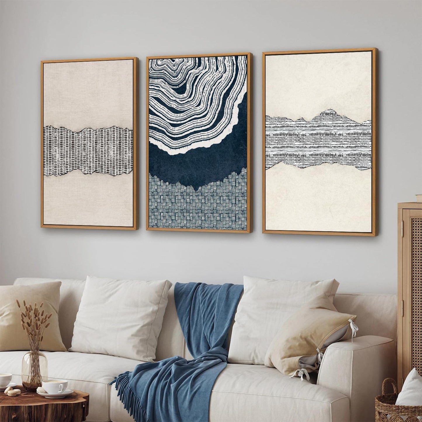 SIGNINART Blue and Beige Framed Canvas Wall Art Set, Neutral Abstract Tree Ring Wall Decor, Minimalist Dots and Line Artwork, Geometric Pattern Art Paintings for Living Room, Bedroom, Office 16"x24"x3