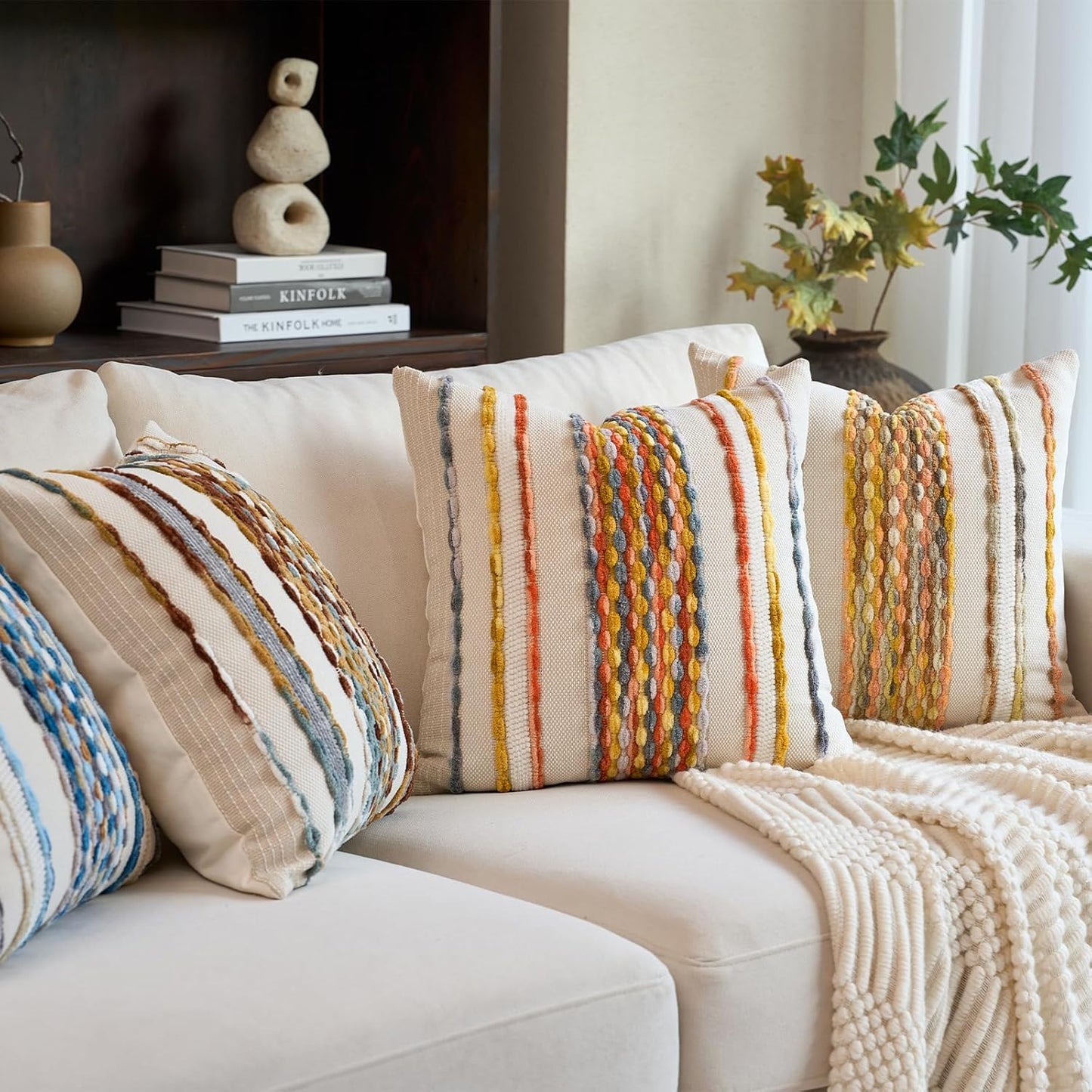 Aeckself Boho Pillow Covers 18x18 Inch Set of 2, Farmhouse Decorative Striped Square Chenille Tufted Accent Neutral Throw Pillow Covers for Living Room Couch Bed, Yellow Orange