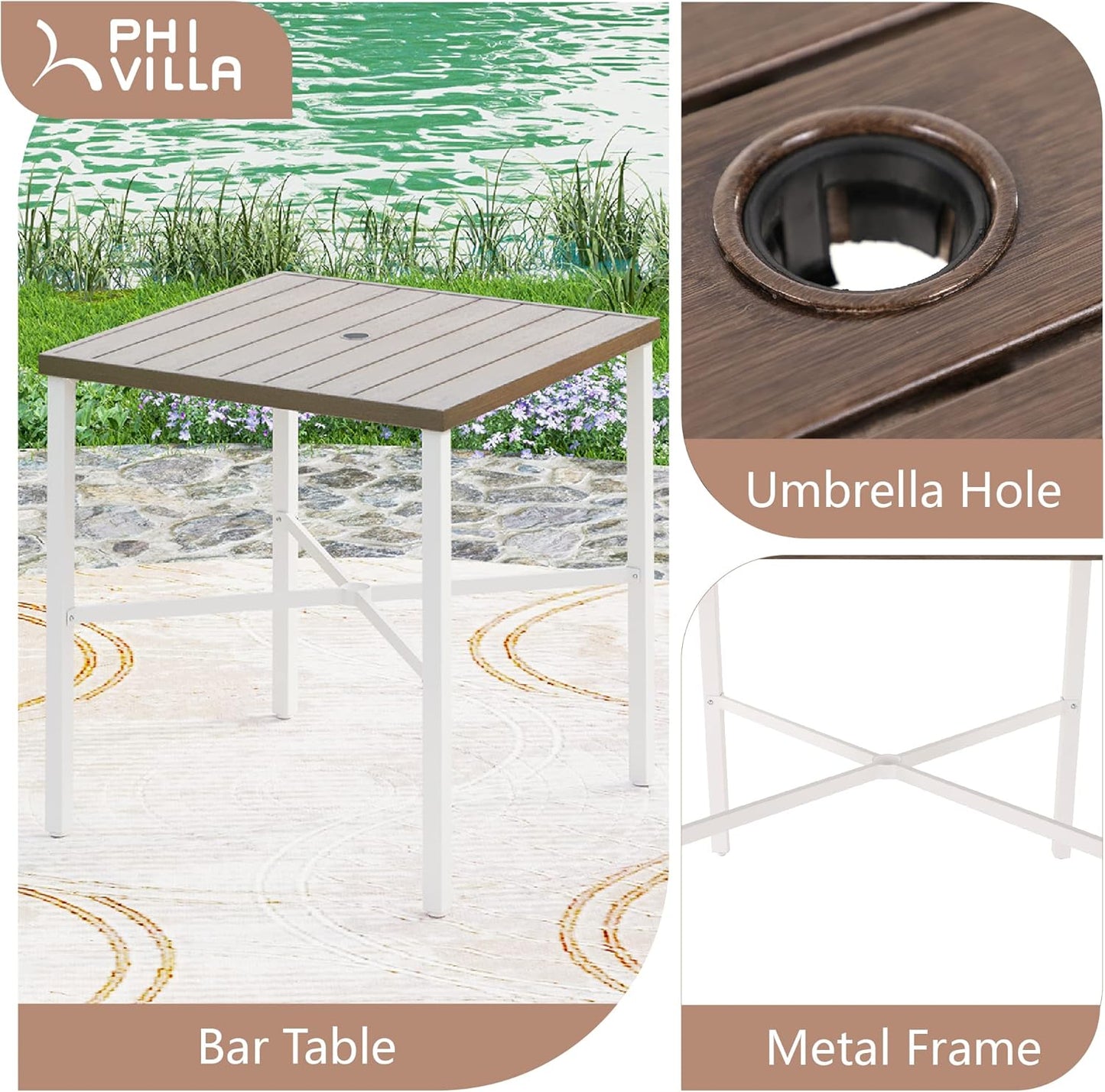 PHI VILLA Outdoor Bar Table, High Patio Table with Umbrella Hole, White Legs, Metal Frame, Sturdy & Durable for Outdoor & Indoor