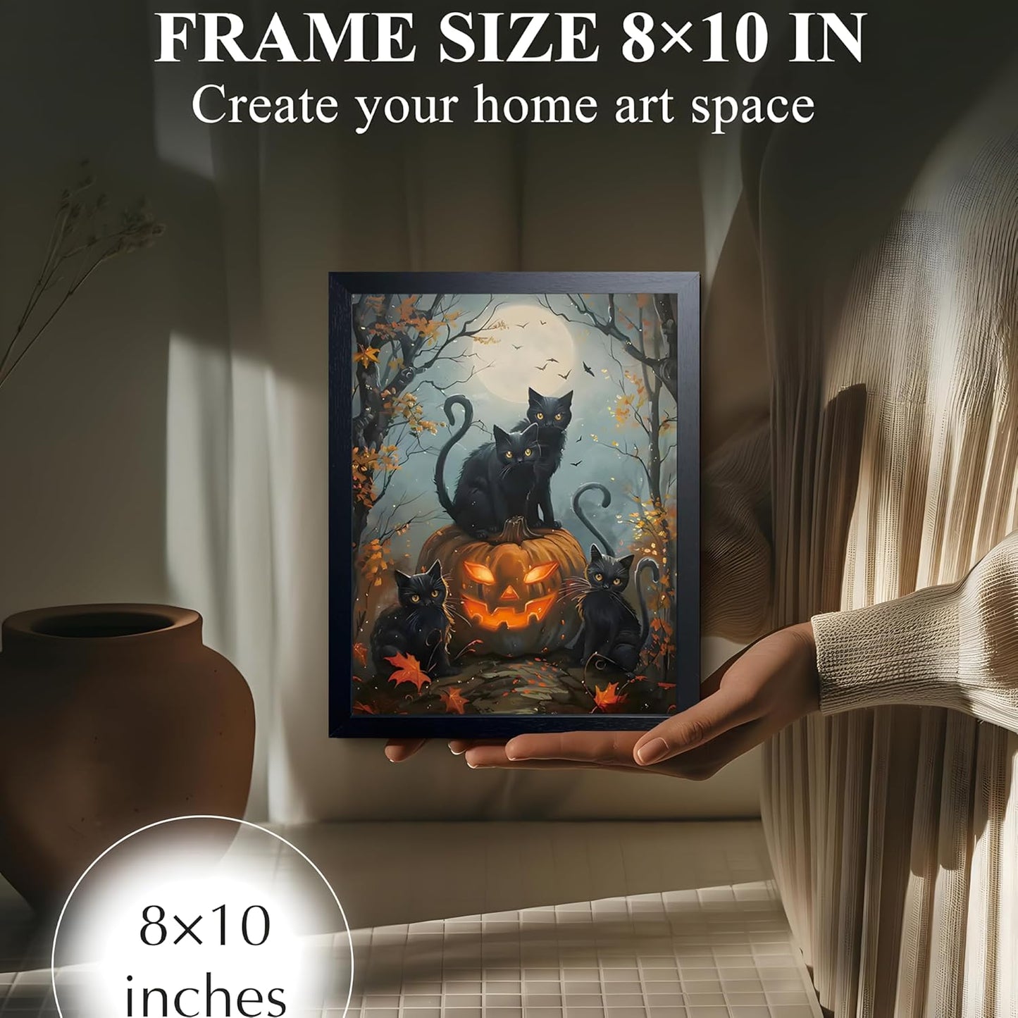 Halloween Black Cat Wall Art, Dark Academia Spooky Pumpkin Poster Wall Decor, Vintage Gothic Witchy Cat Canvas Print, for Bedroom Living Room Aesthetic Decor 8x10 Inch Wood Framed