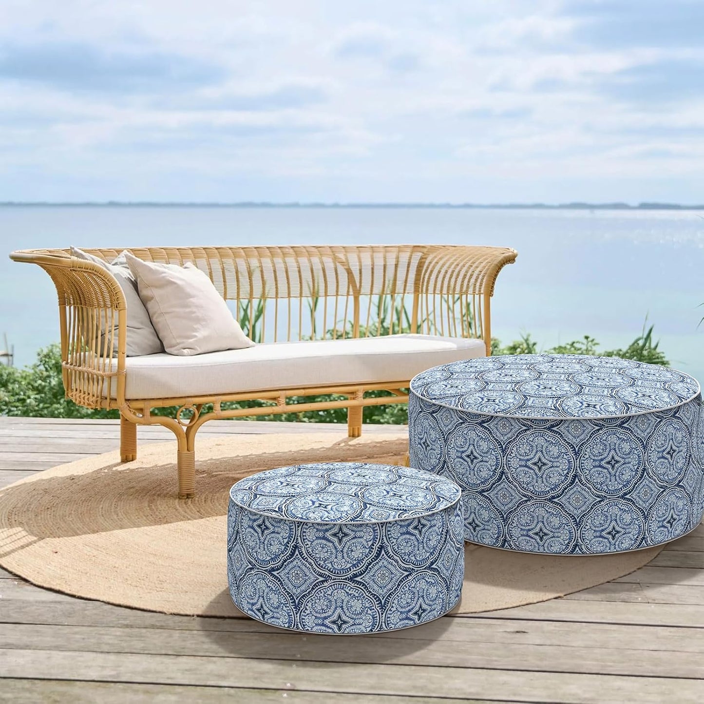 Inflatable Ottoman Stool D31 xH14 for Outdoor/Indoor Use, Water Repellent Patio Foot Rest Stool with Portable Handle,Round Pouf Ottoman Suitable for Garden,Deck and Camping - Medallion Blue