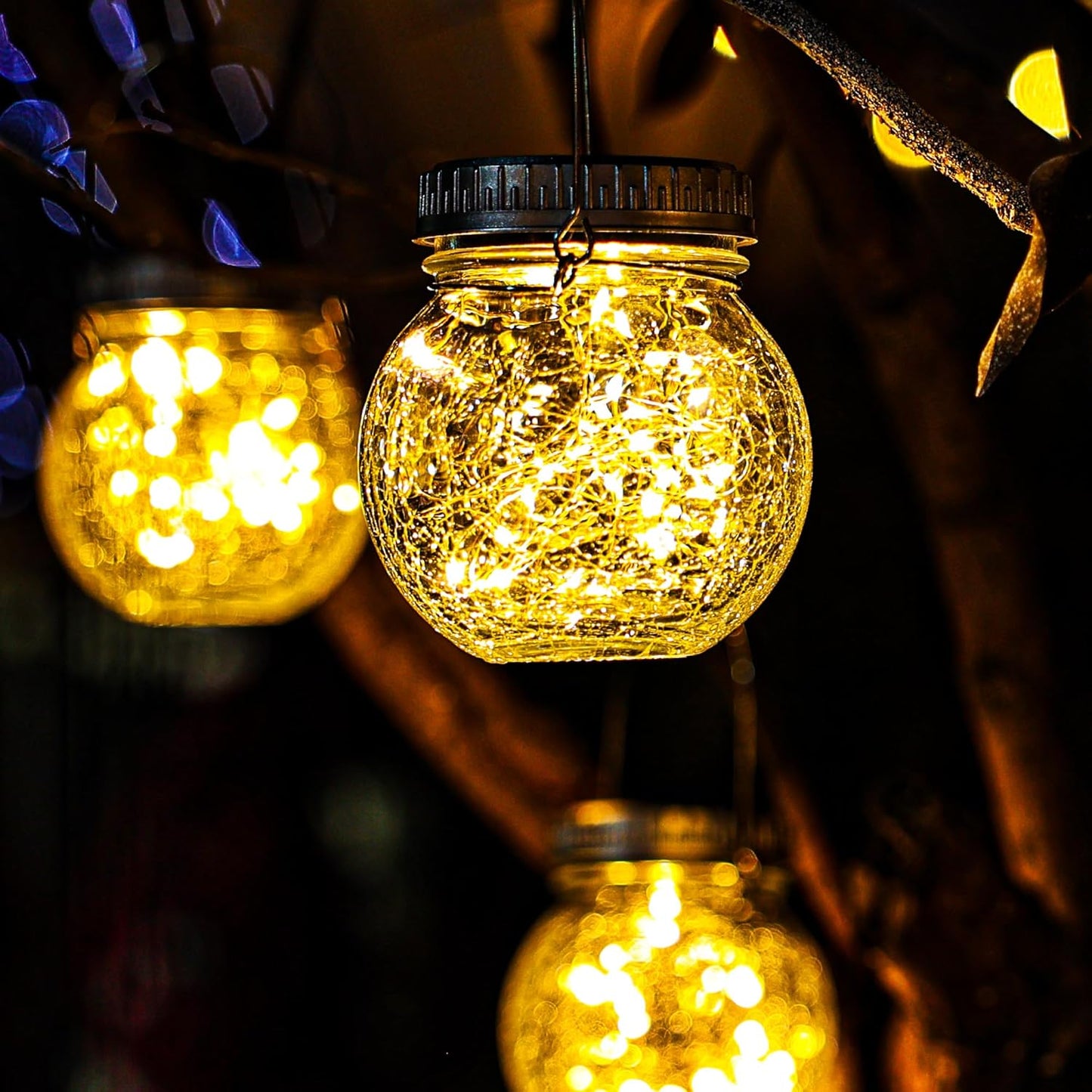 Cooo 2 Pack Crackle Glass Solar Lantern with 30 LED Firefly Lights– Waterproof Outdoor Hanging Lamp 215% Larger Solar Panel, Anti-Rust Lids Decorative Lighting for Garden Patio Table