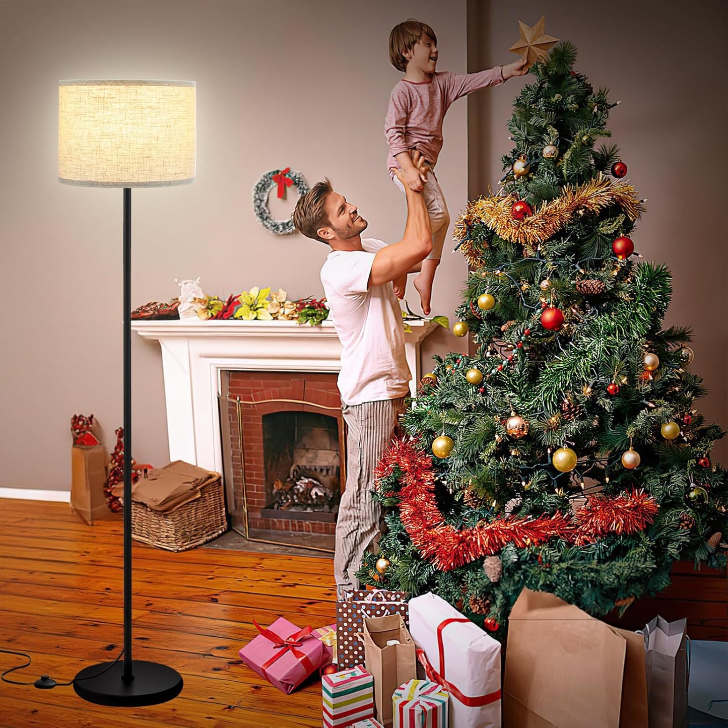 Ambimall 61'' Modern Floor Lamp with Shade, Tall Lamps for Living Room, Bedroom, Office, Dining Room, Beige Shade with Black Pole(Without Bulb)