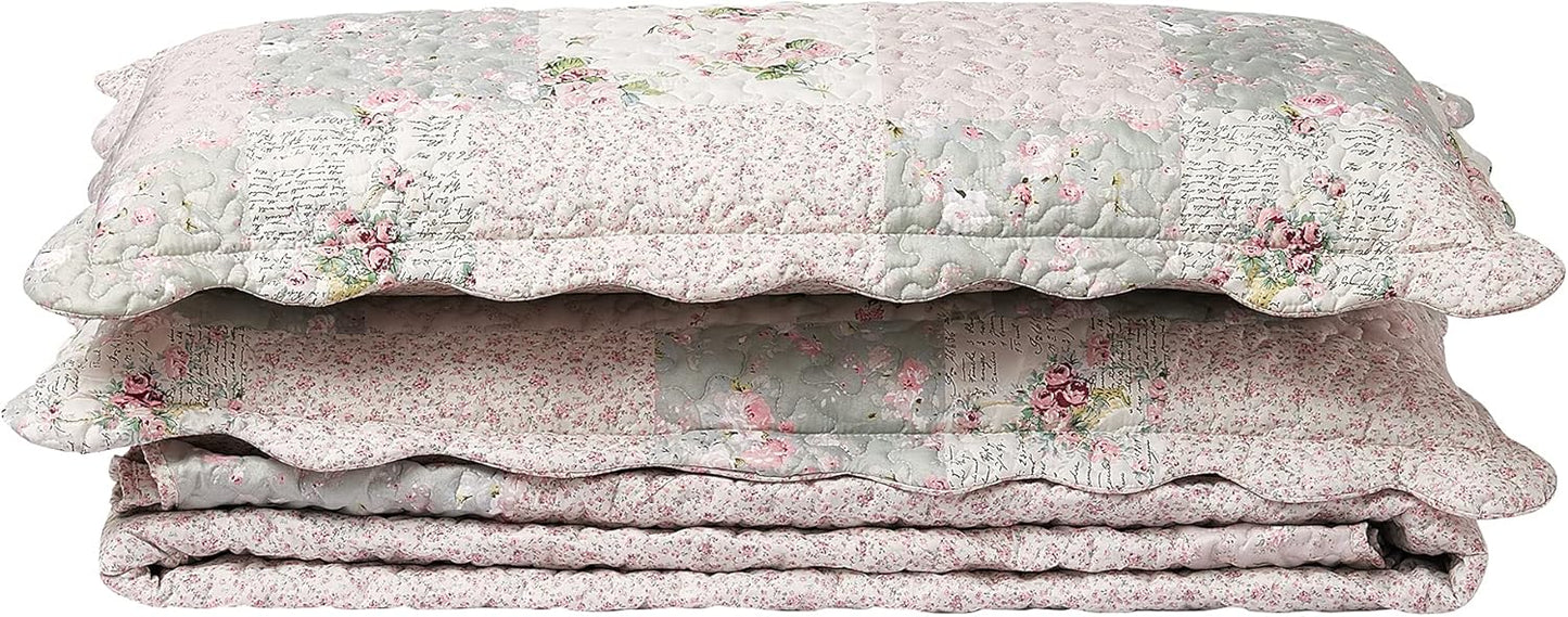 Brilliant Sunshine Rose and Sage Quilt Set, 3-Piece Bedding Sets with 2 King Pillow Shams, Washable and Reversible Bedspread, Soft Lightweight Coverlet, All-Season, King/Cal King, Light Pink Green