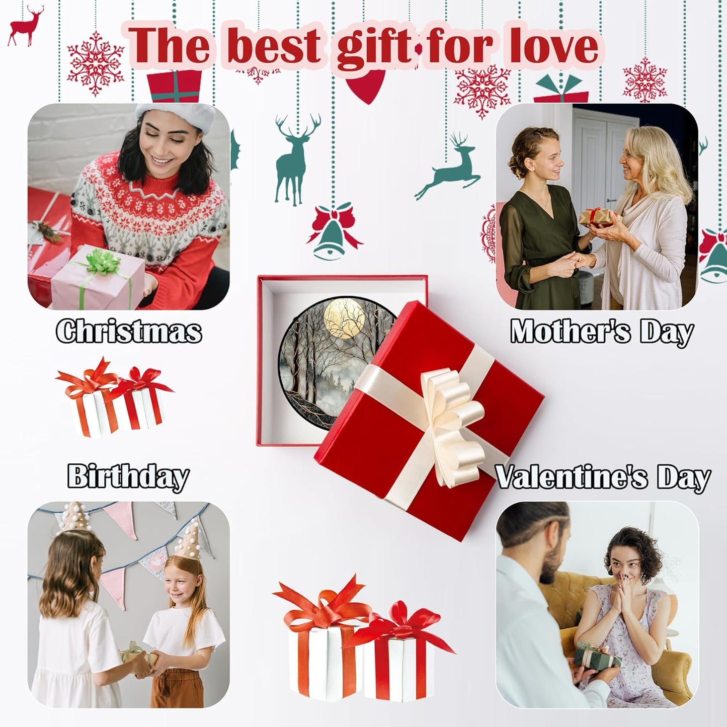 Stained Glass Window Hanging - Black and White Gold Moon Forest Sun Catcher for Door Home Decor Suncatcher Christmas Mother's Day Birthday Gifts for Women Men Lovers Mom Nana 15 in