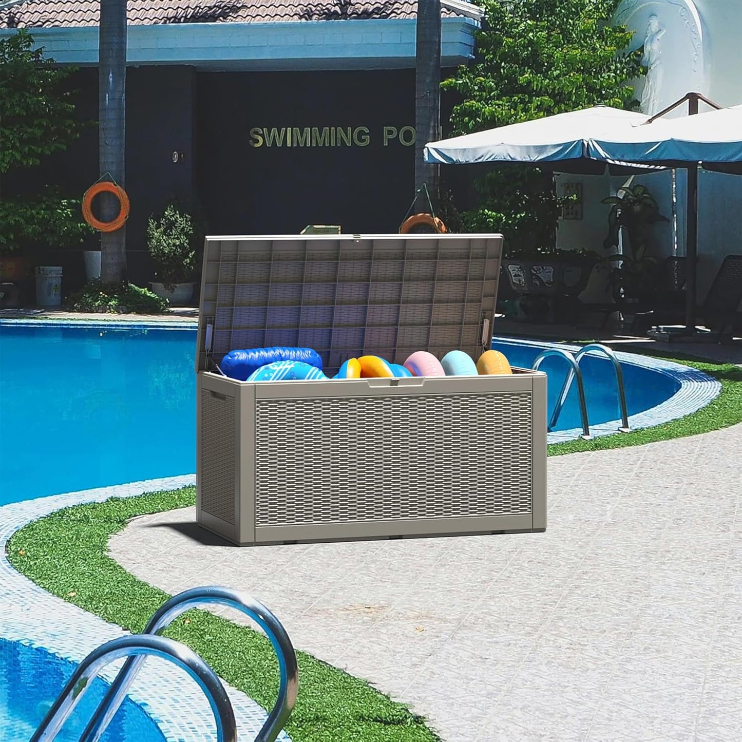 100 Gallon Deck Box Lockable Rattan Outdoor Storage Box waterproof Outdoor Container for Patio Furniture Cushions, Pillow