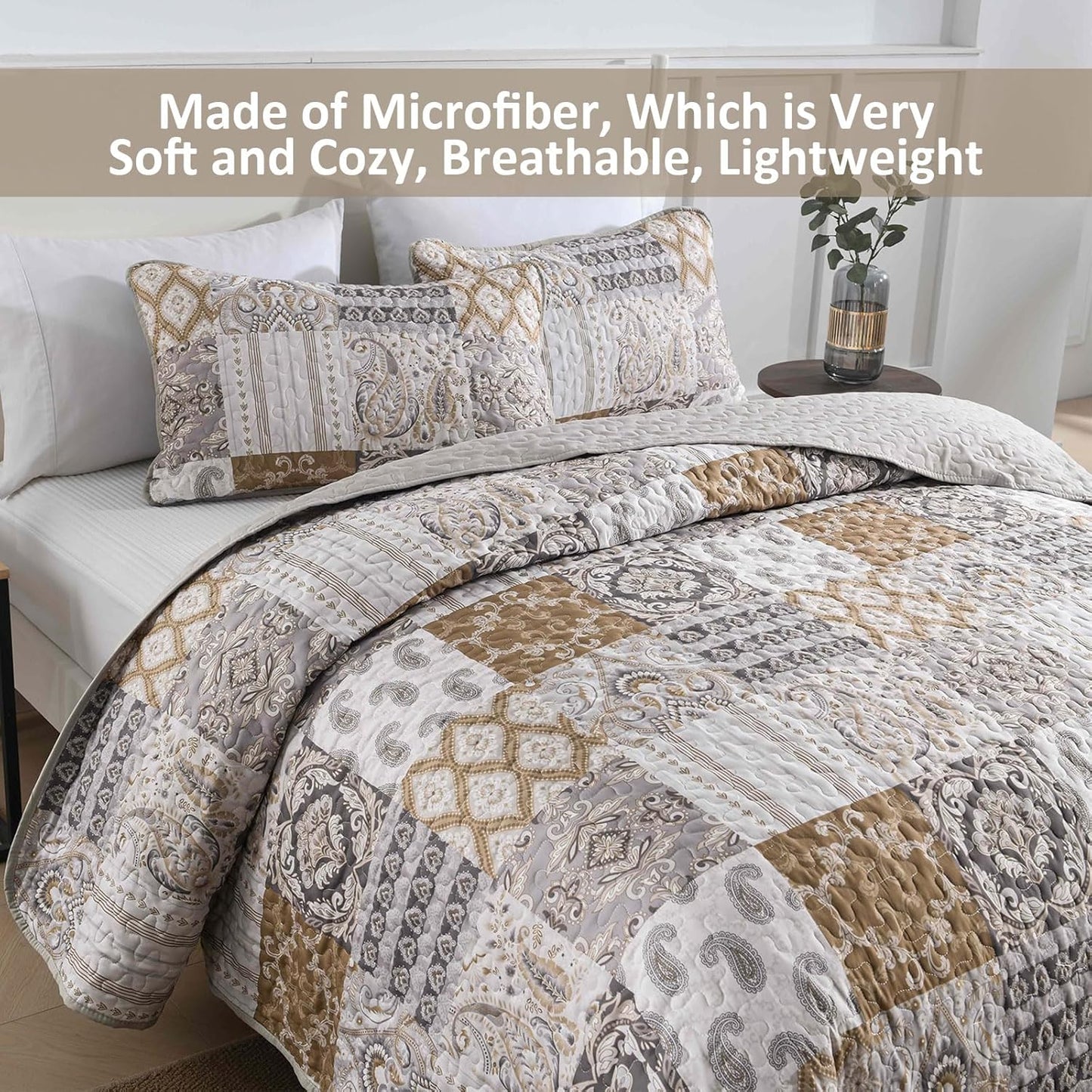 WONGS BEDDING Brown Quilt Set Queen Size, Patchwork Plaid Bedspread Bedding Sets Paisley Soft Microfiber Quilts for Queen Bed 3 Pieces Coverlet Set for All Season (96"x90")