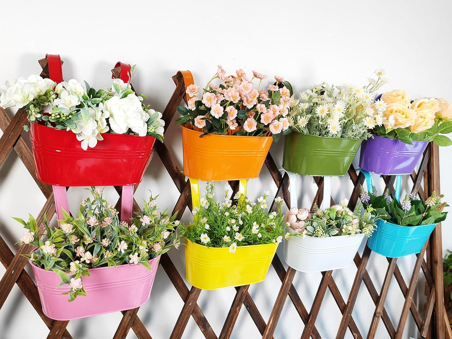 8 Pack Hanging Planters 10", Colorful Metal Bacony Railing Planter for Outdoor Decor, Countryside Fence Pot Flower Bucket for Rails Patio Garden, Plant Pot for Herb (Multi-Color, 8Pcs)