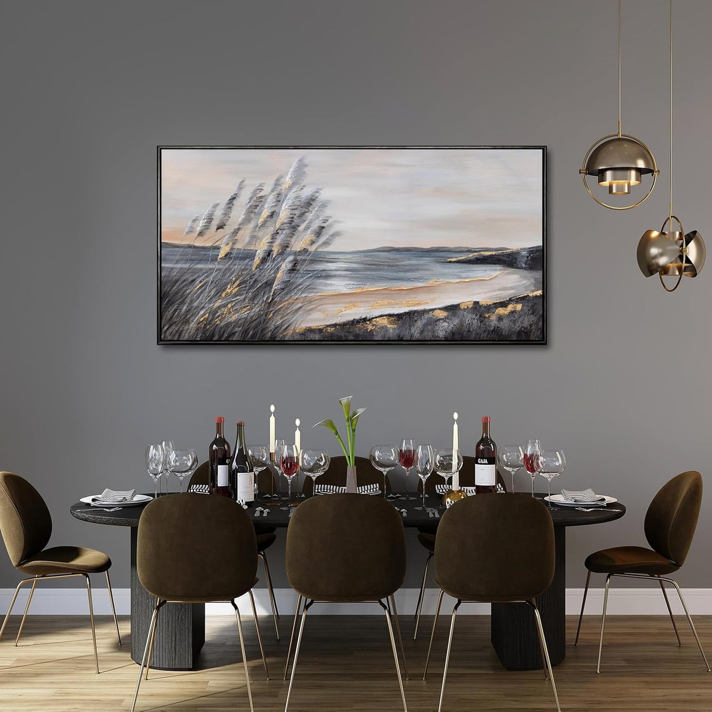 Yuaxker Coastal Wall Art Grey and Gold Wall Decor Trendy Artwork Framed Beach Canvas Painting for Living Room Bedroom Dining Room Office Home Decor 20x40 Inch