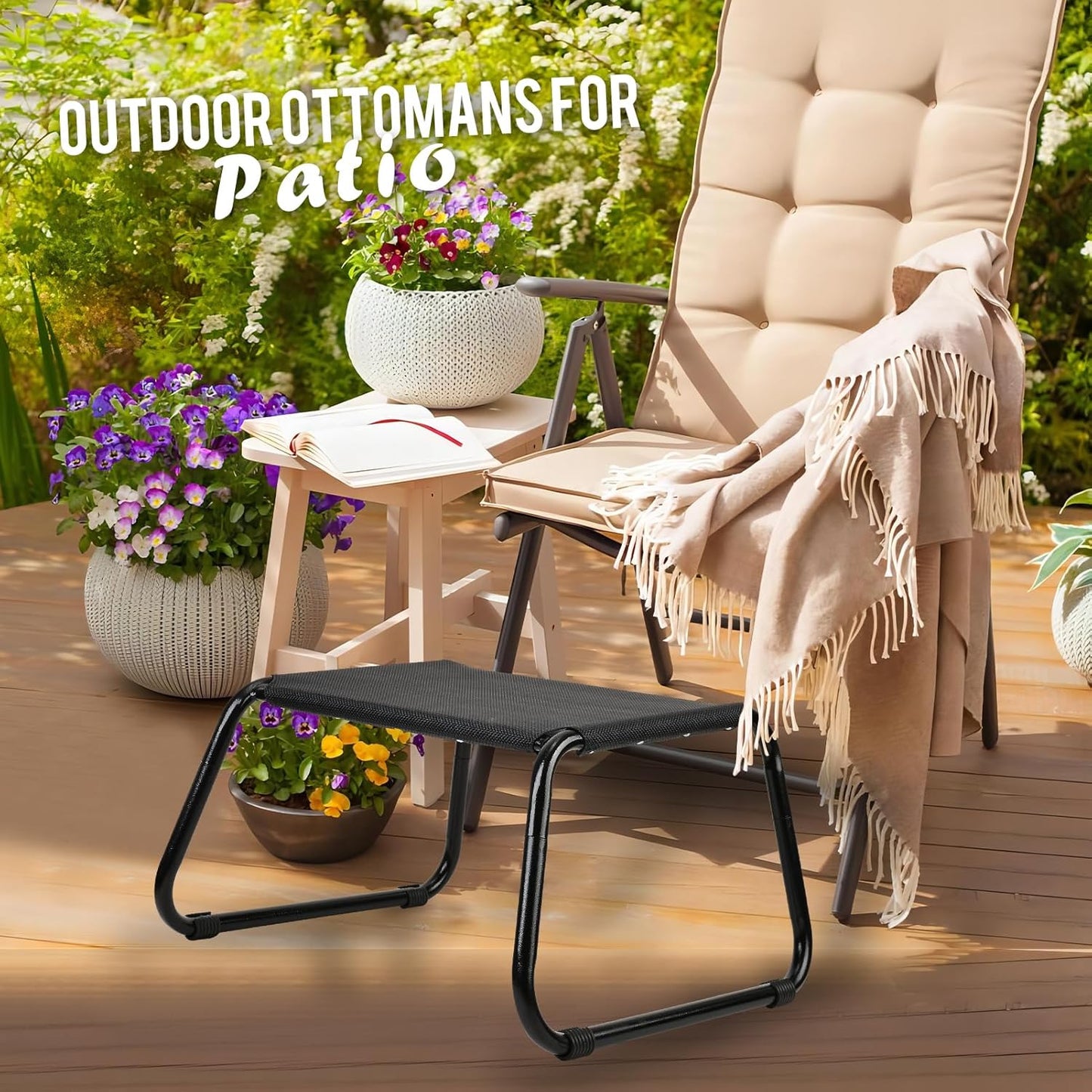 Outdoor Ottomans,Patio Foot Rest Portable Side Table Solid Steel Frame Small Seat All Weather Footrest for Indoor Outdoor Use 2 Pieces Black