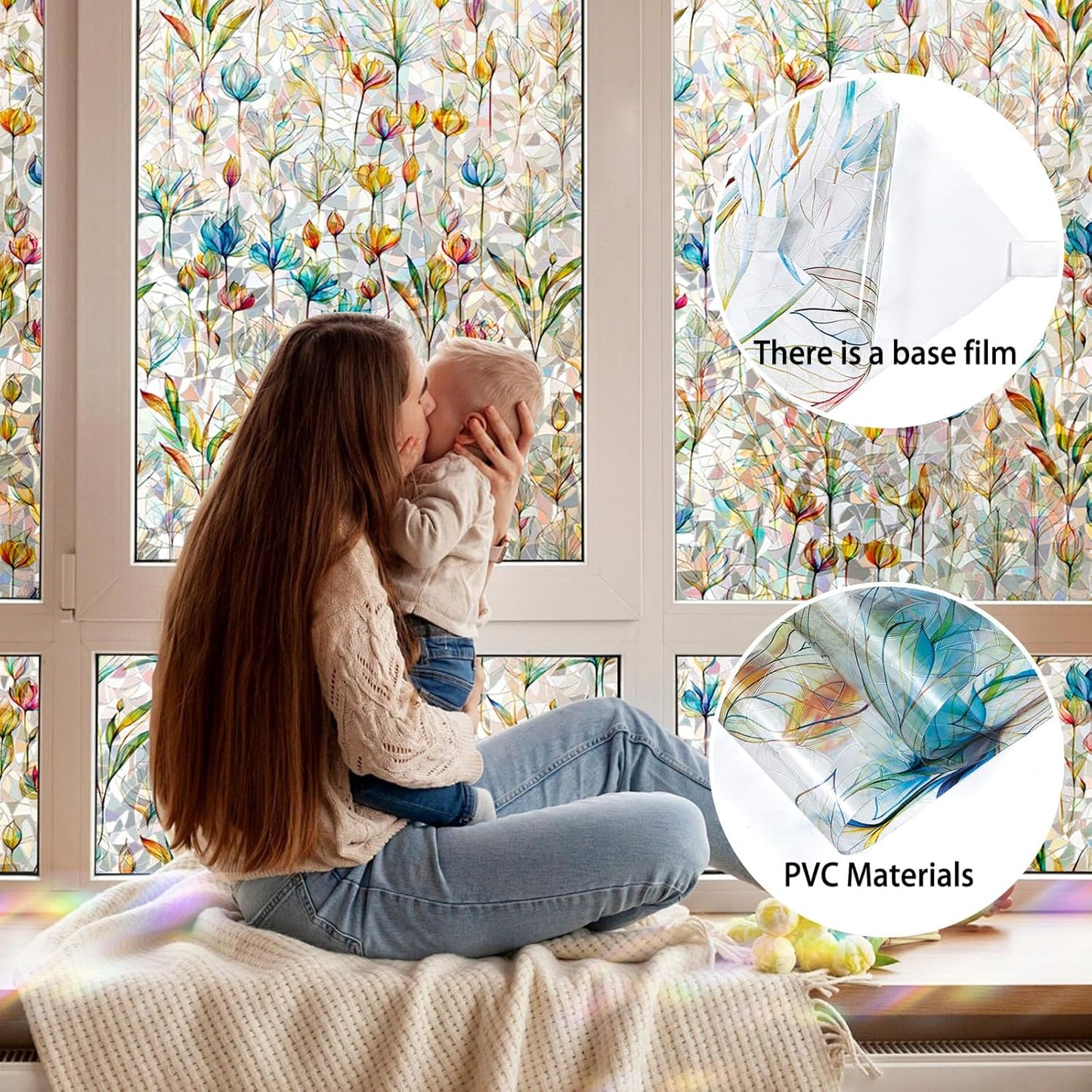 Rainbow Window Privacy Film 3D Floral Decorative Stained Glass Window Film Anti UV Non-Adhesive Reusable 17.5" x 78.7" for Home Room Car Glass Cling