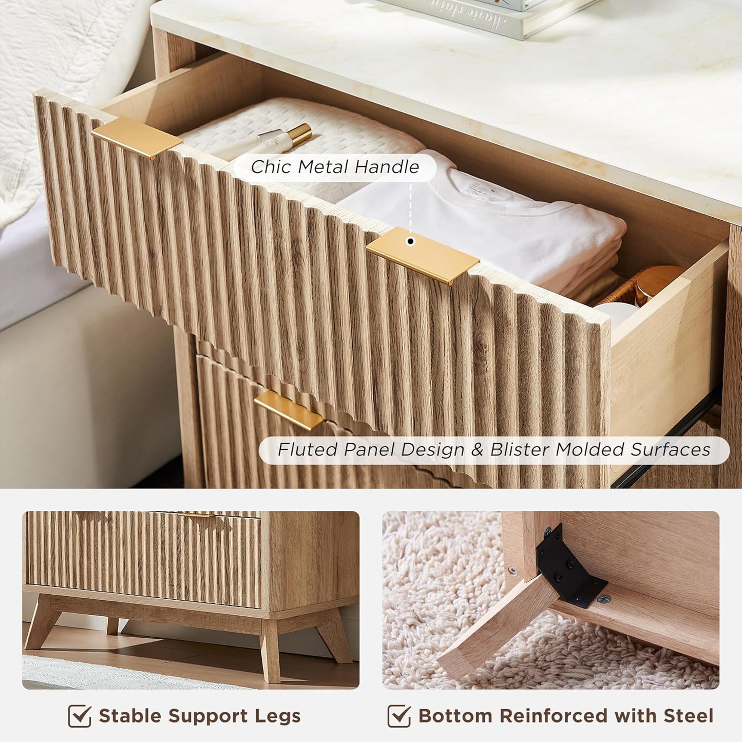 T4TREAM 32" Tall Fluted Nightstand, Modern Side Table with Faux Marble Top, 3 Drawers End Table w/Storage, Bedside Table for Bedroom, Living Room, Curved Profile Design, Natural Oak