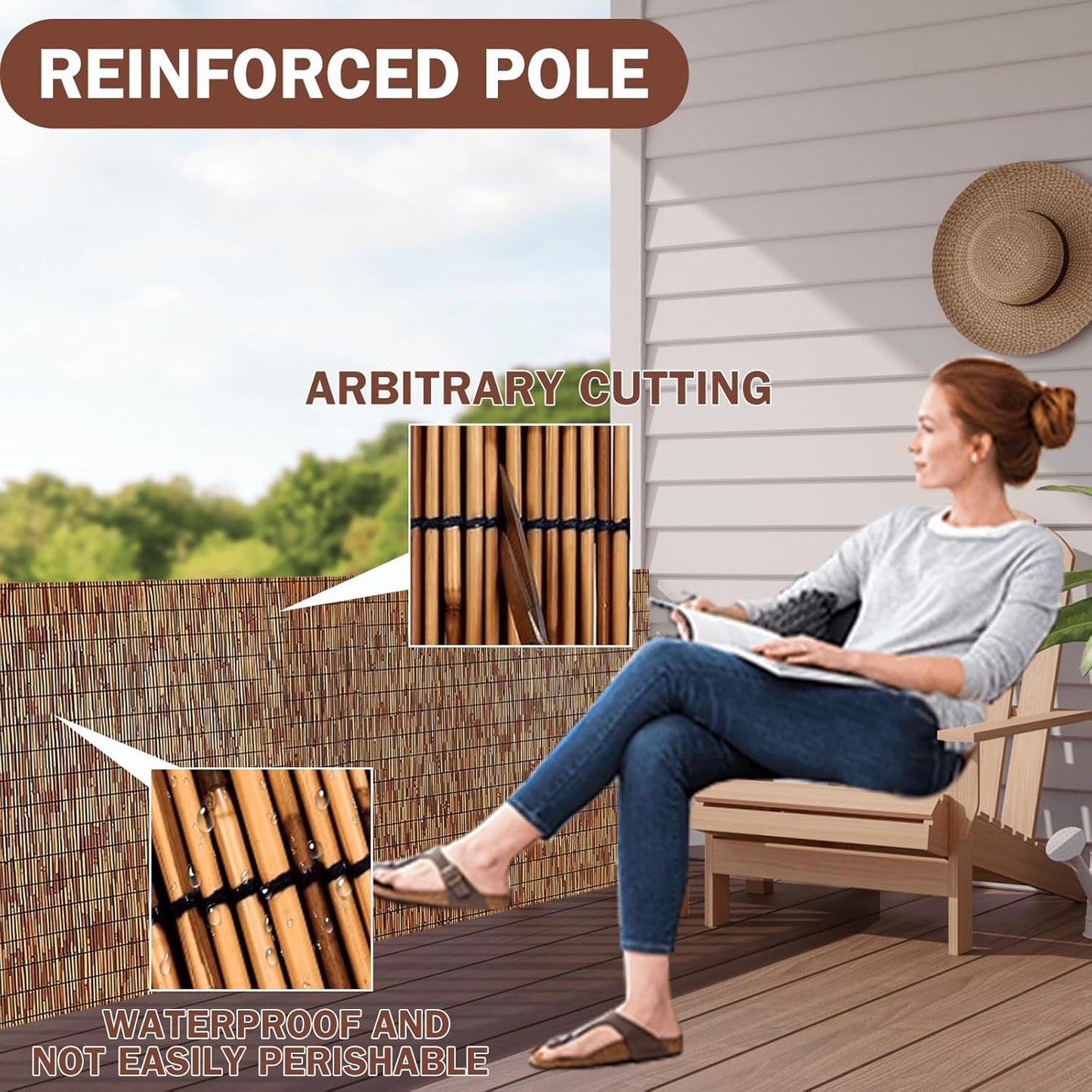 Bamboo Reed Fencing, Decorative Bamboo Curtains for Patio, Light Russet Privacy Fence Reed Screens Outdoor for Patio Garden Balcony Privacy Screen, 5 x 5 FT