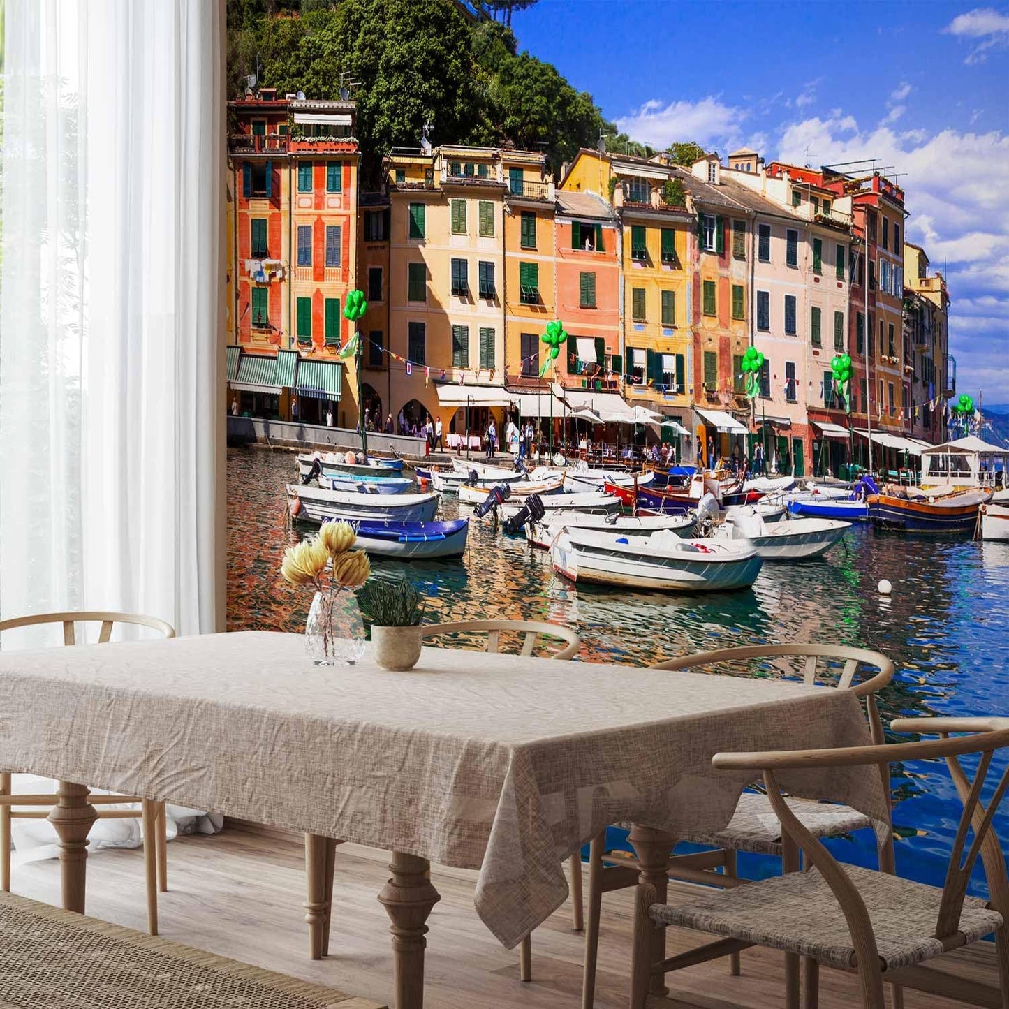 artgeist Wall Mural Peel and Stick Architecture 212x98 in - XXL Self-Adhesive Corner Wallpaper Removable Large Sticker Foil Angle Wallpaper Wall Decor Print City Lake Boat Like Painted d-B-0297-a-a