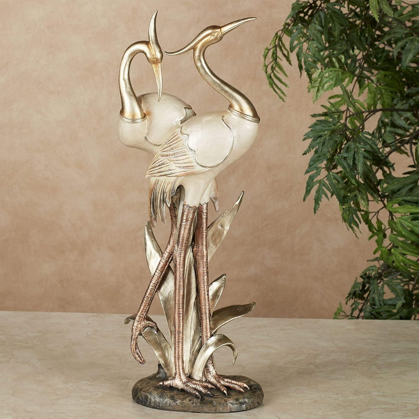 Touch of Class Pretty Pose Double Crane Metallic Table Sculpture - Ivory, Gold, Copper - Bird Figurine for Bedroom, Living Room, Dining Room, Home Office - Capiz Shell Look