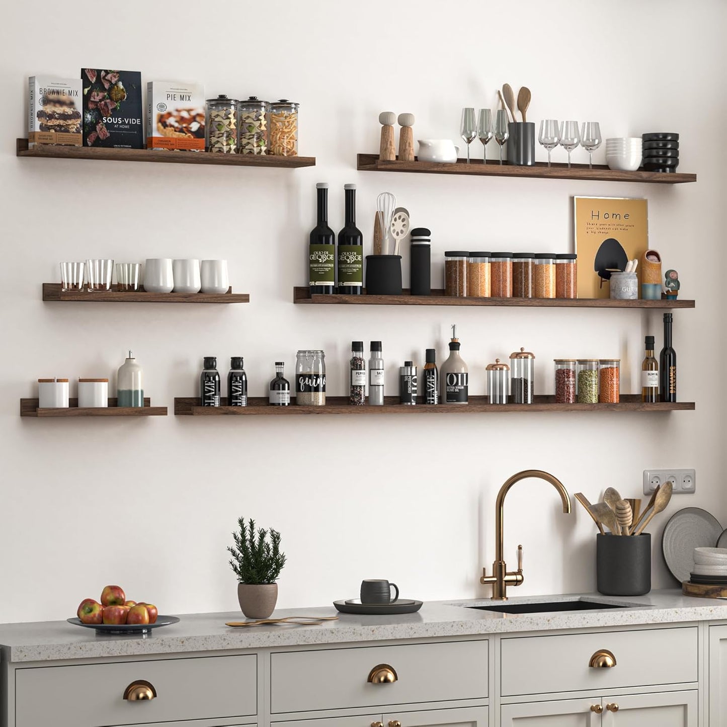 Heimlove Picture Ledge Shelf, Floating Shelves Set of 2, 24 Inches Picture Shelf for Wall with Ledge, Kids Bookshelf Wall Mounted for Living Room Bedroom Decor Books Photo Frames - Walnut