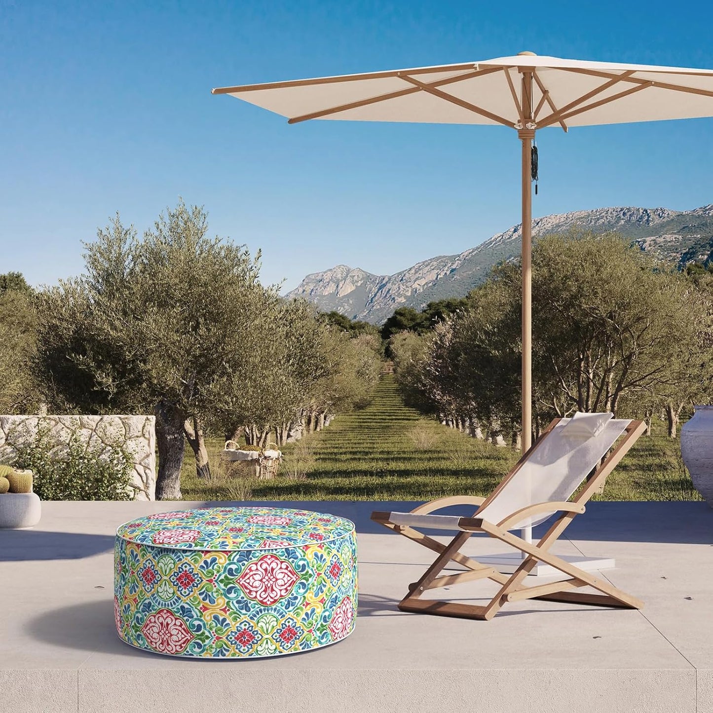 Inflatable Ottoman Stool D31 xH14 for Outdoor/Indoor Use, Water Repellent Patio Foot Rest Stool with Portable Handle,Round Pouf Ottoman Suitable for Garden,Deck and Camping - Damask Red