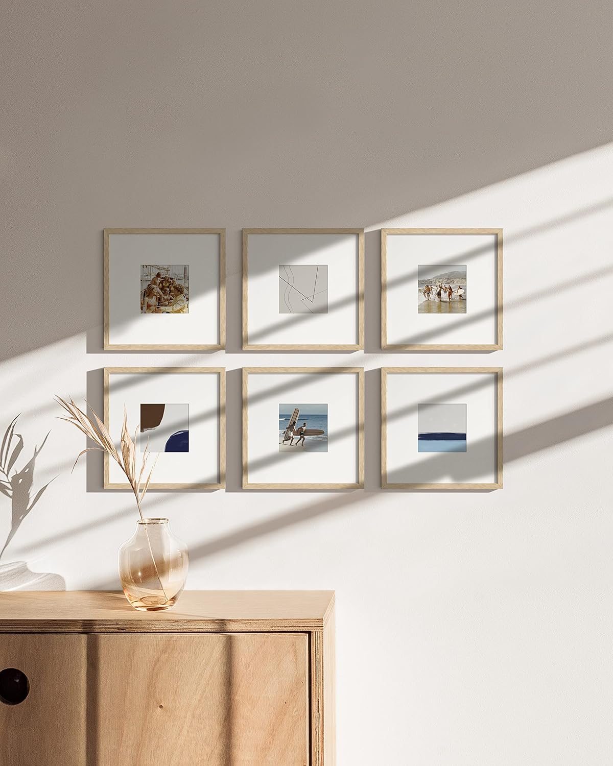 HAUS AND HUES Solid Oak Wood 8”x8” Picture Frames Matted to 4”x4” Set of 6-8x8 Standard Square Picture Frames, Photo Gallery Wall Frame Set, Beige 8x8 Picture Frames Matted (Beige Oak Frames)
